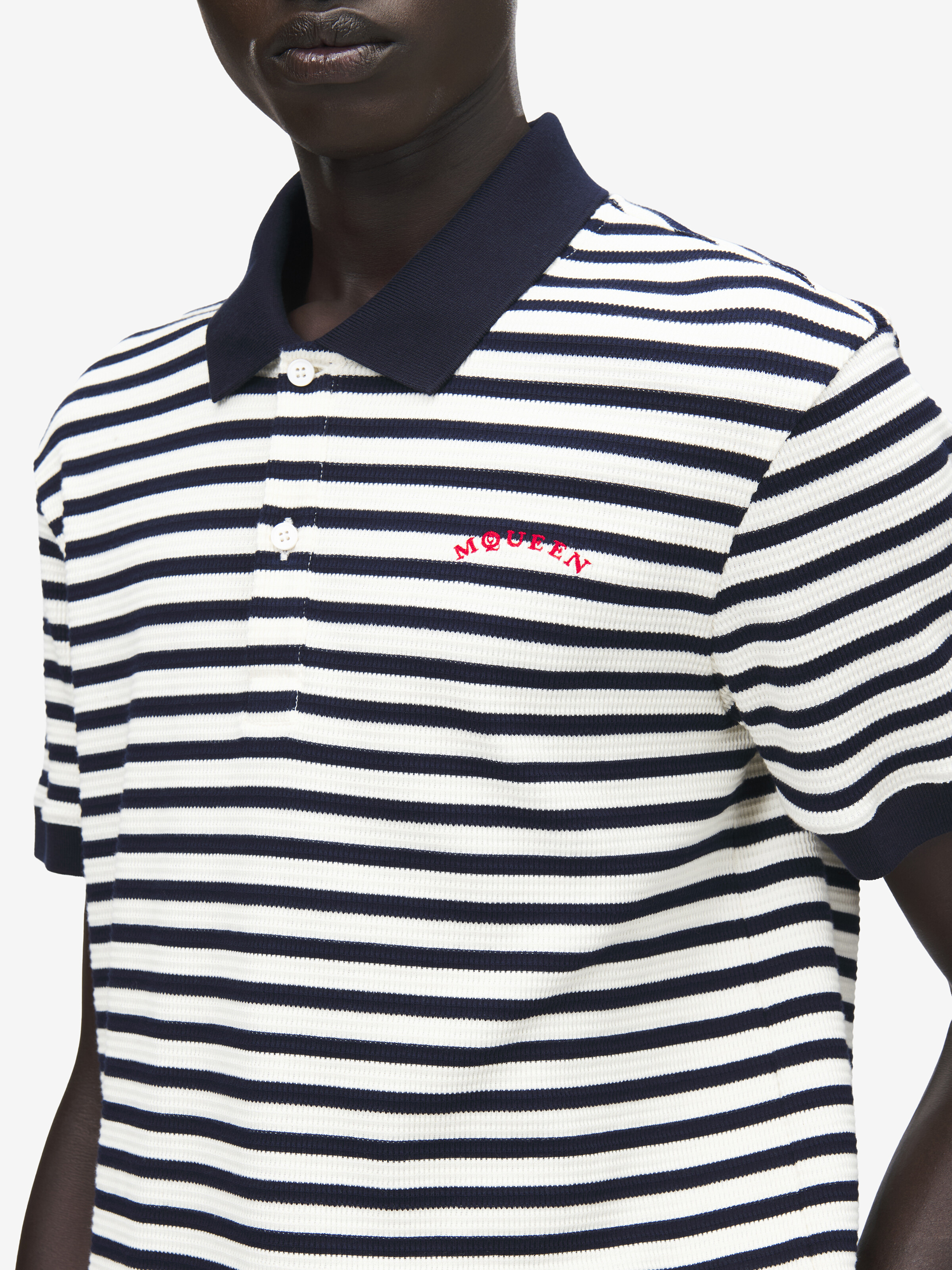 Men's Striped Polo Shirt in Ivory/Navy in 98% Cotton, 2% Elastan | Alexander McQueen - image 6