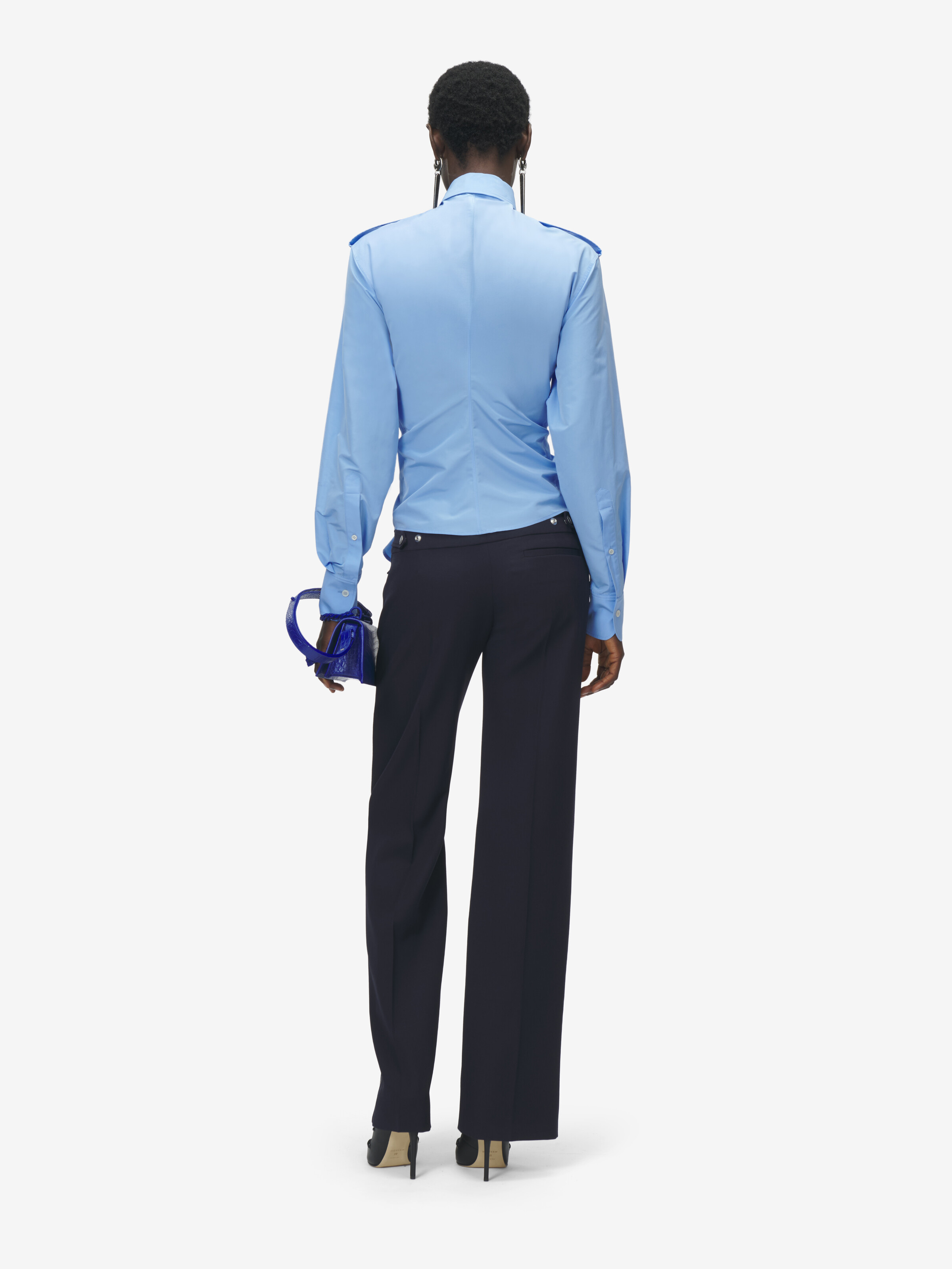 Women's Gathered Long-Sleeved Shirt in Blue in 51% Cotton, 49% Polyester | Alexander McQueen - image 4