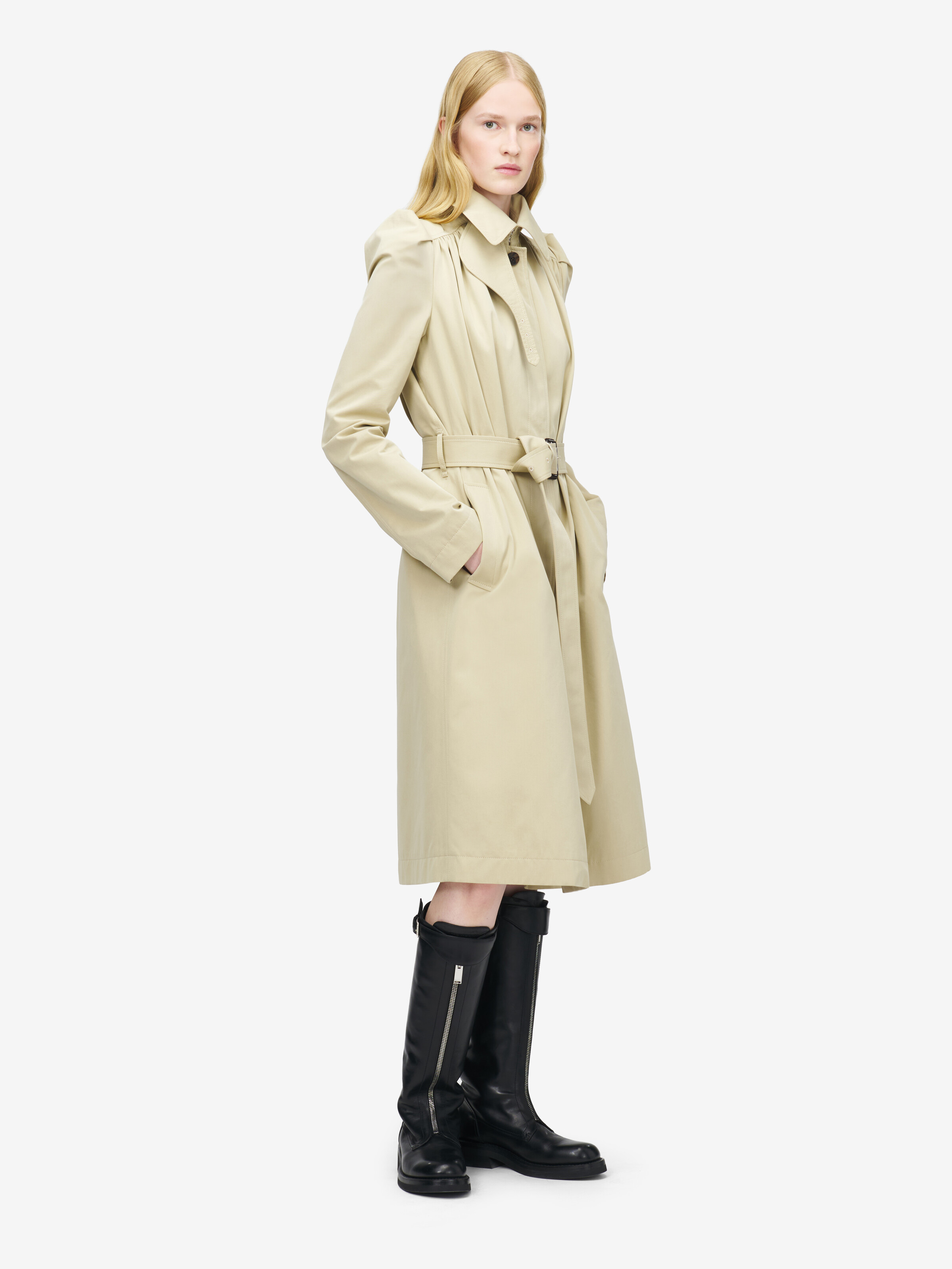Women's Pleated Trench Coat in Beige in 100% Cotton | Alexander McQueen - image 3