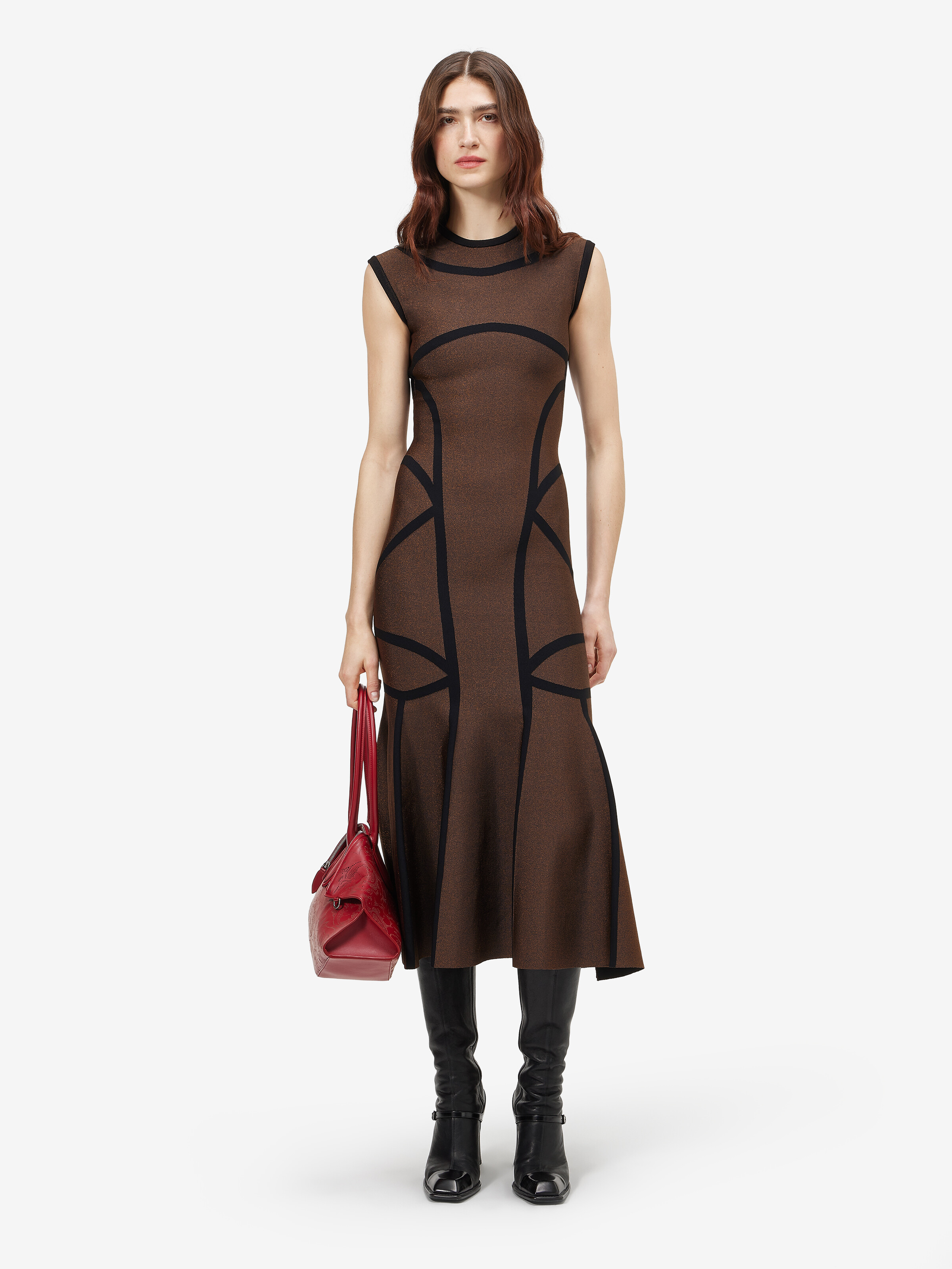 Women's Anatomical Lines Knit Midi Dress in Dark Brown in 40% Polyester, 38% Viscose, 19% Polyamide, 3% Elastane | Alexander McQueen - image 2