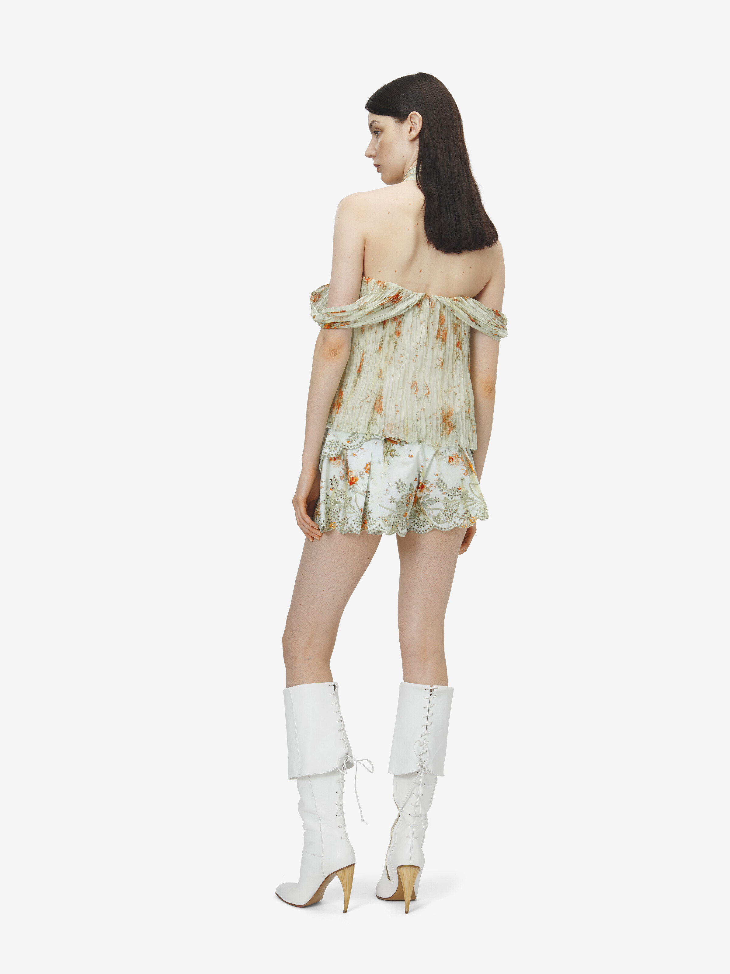 Women's Floral Pleated Top in Stone/Light Orange in 100% Polyester | Alexander McQueen - image 4