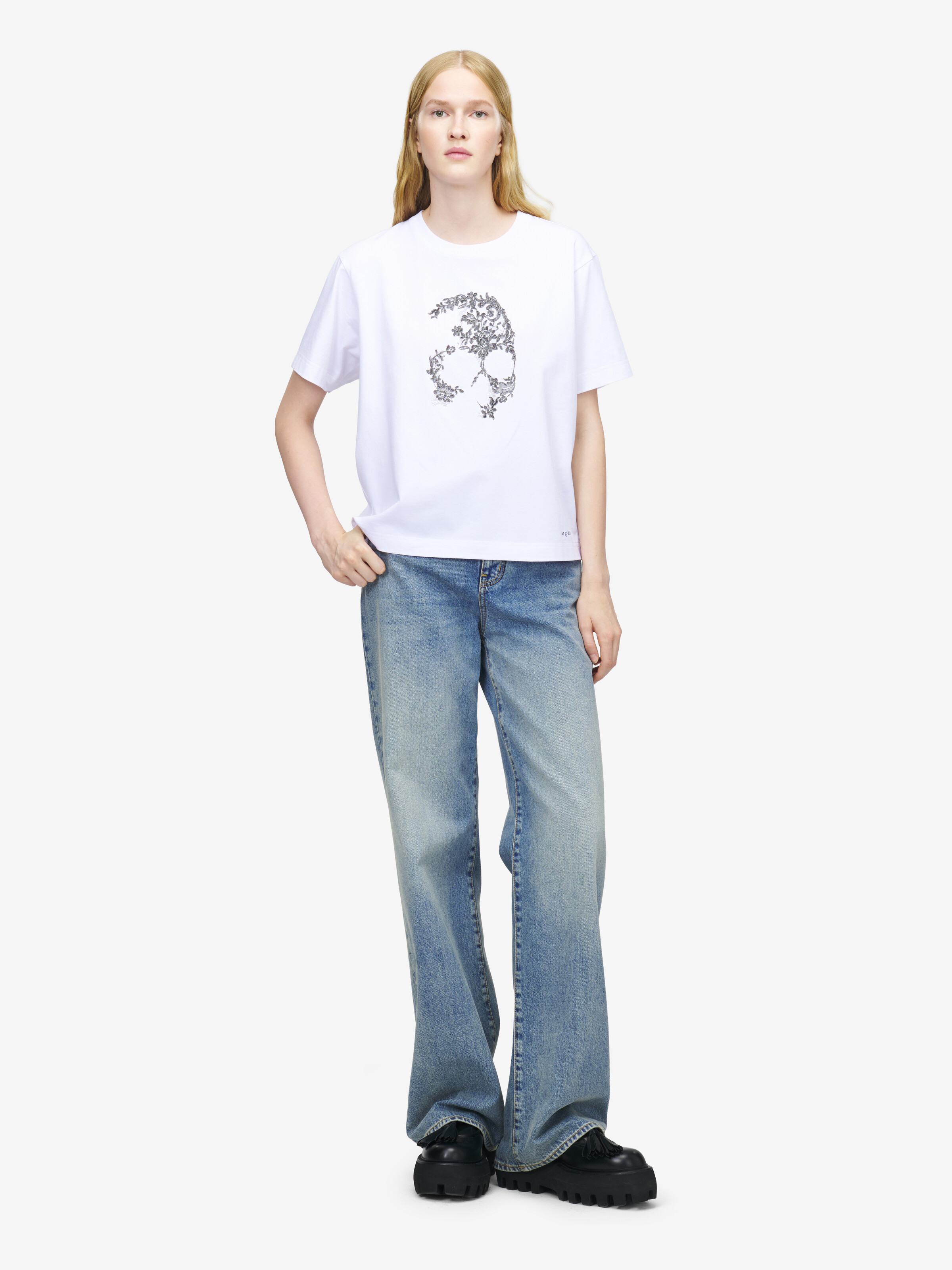 Women's Lace Skull T-shirt in White in 100% Cotton | Alexander McQueen - image 3