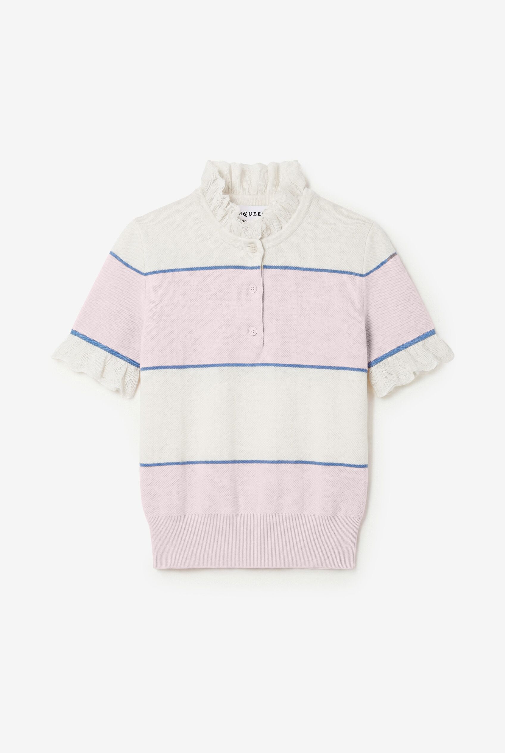 Women's Ruffle Trim Striped Top in Ivory/Light Pink in 67% Viscose, 33% Cotton | Alexander McQueen - image 1