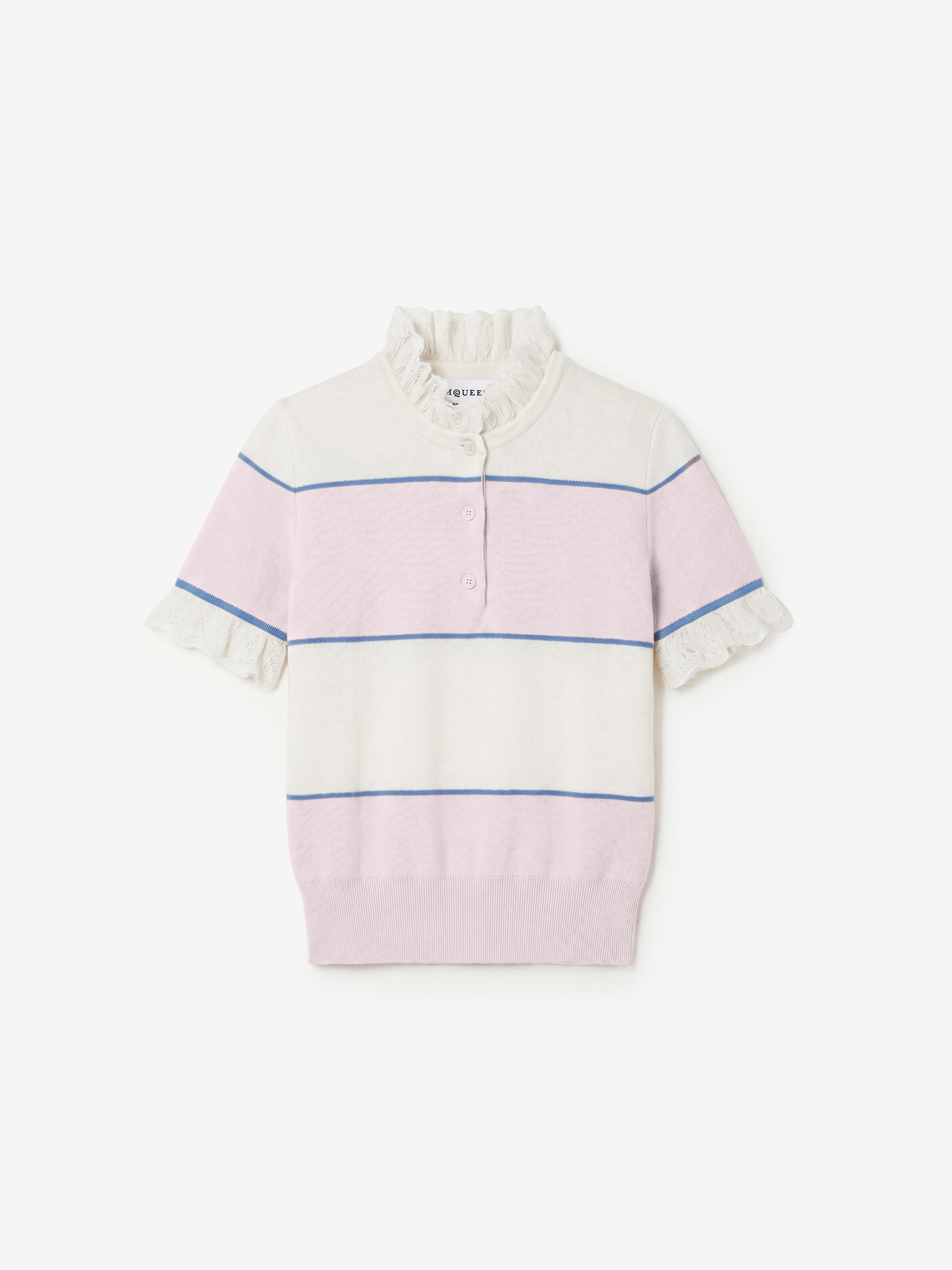 Women's Ruffle Trim Striped Top in Ivory/Light Pink in 67% Viscose, 33% Cotton | Alexander McQueen - image 1