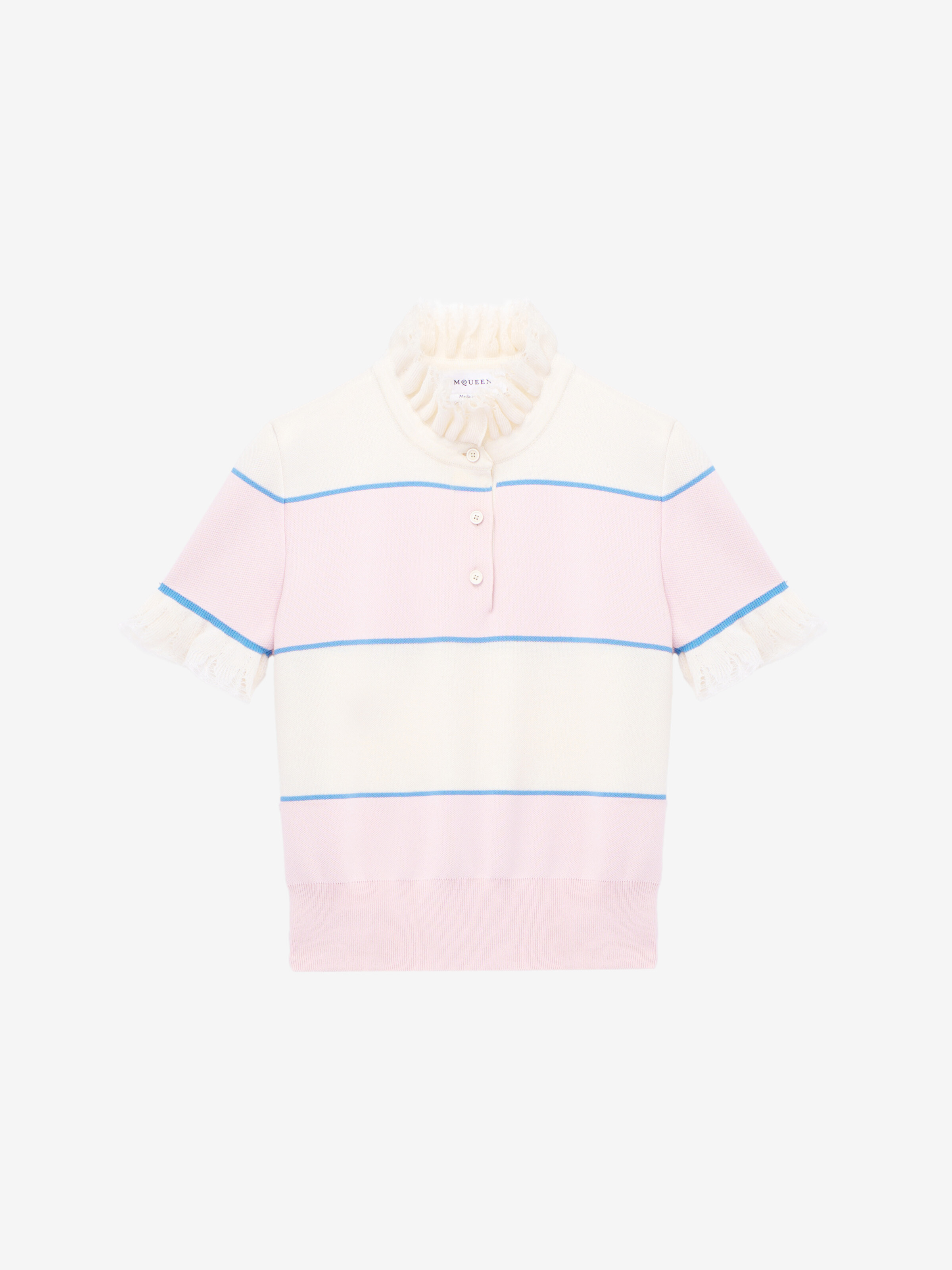 Women's Ruffle Trim Striped Top in Ivory/Light Pink in 67% Viscose, 33% Cotton | Alexander McQueen - image 1