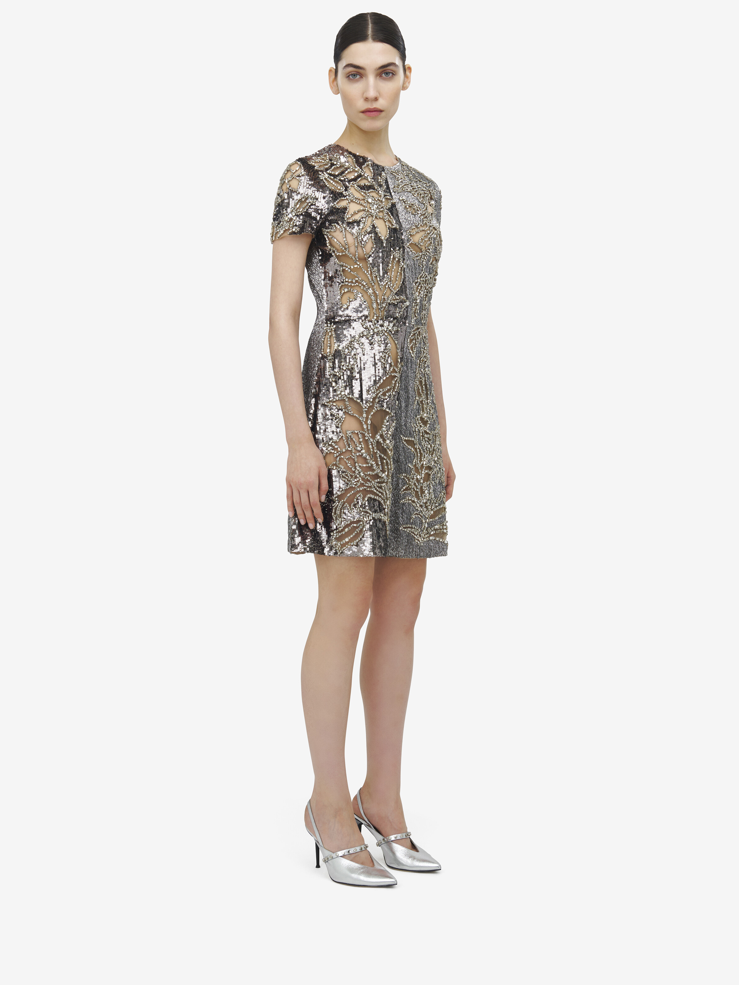 Women's Crystal Stencil Embroidery Mini Dress in Silver/Crystal in Polyamid | Alexander McQueen - image 3