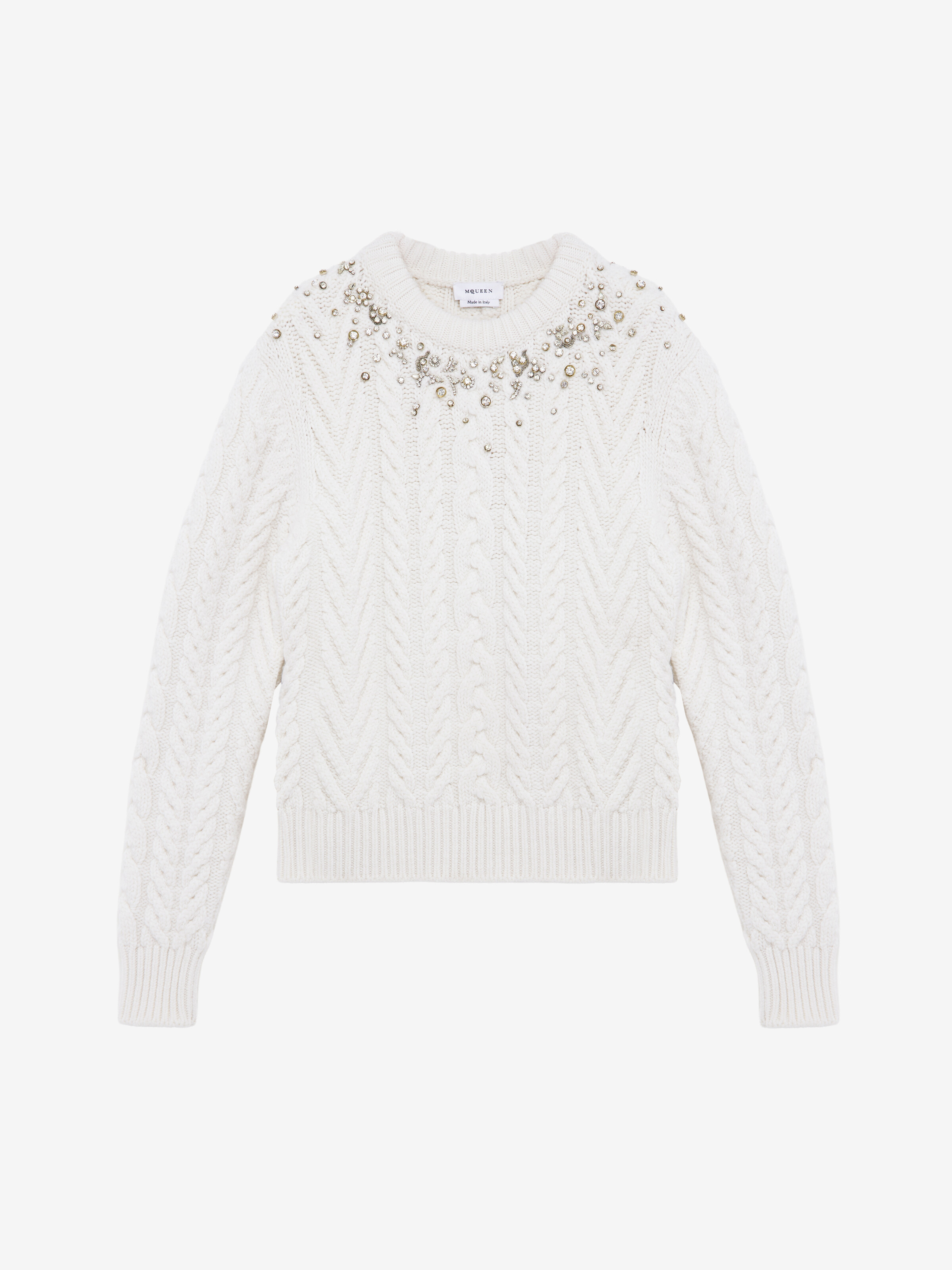 Women's Crystal Embroidery Cable Knit Jumper in Ivory in 90% Wool, 10% Cashmere | Alexander McQueen - image 1
