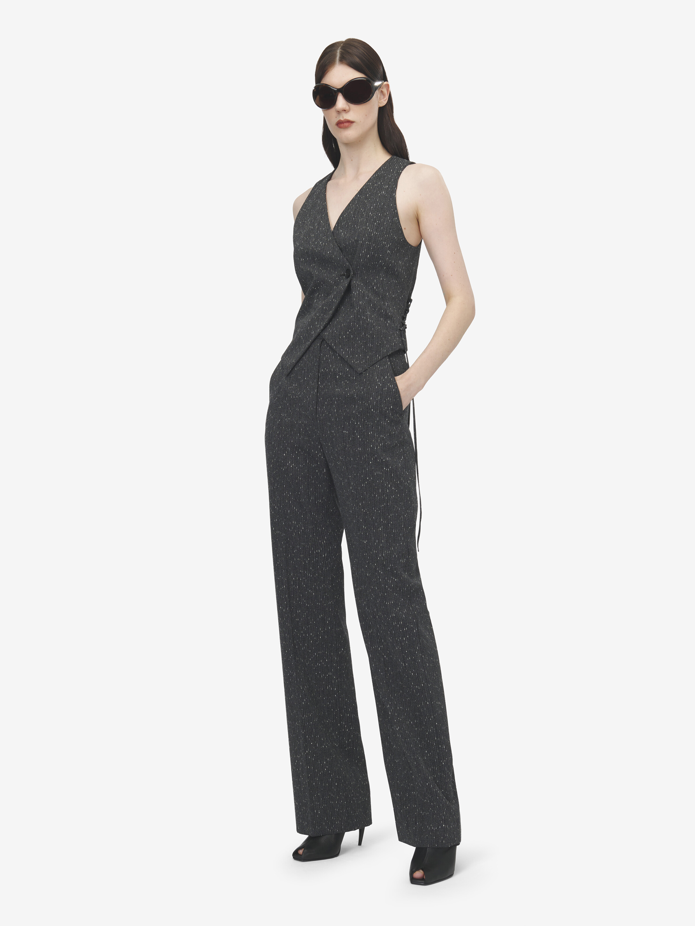 Gilet à corset lacé, à motif rayé moucheté pour Femme en Gris in 99% Laine, 1% Polyamide | Alexander McQueen - image 3