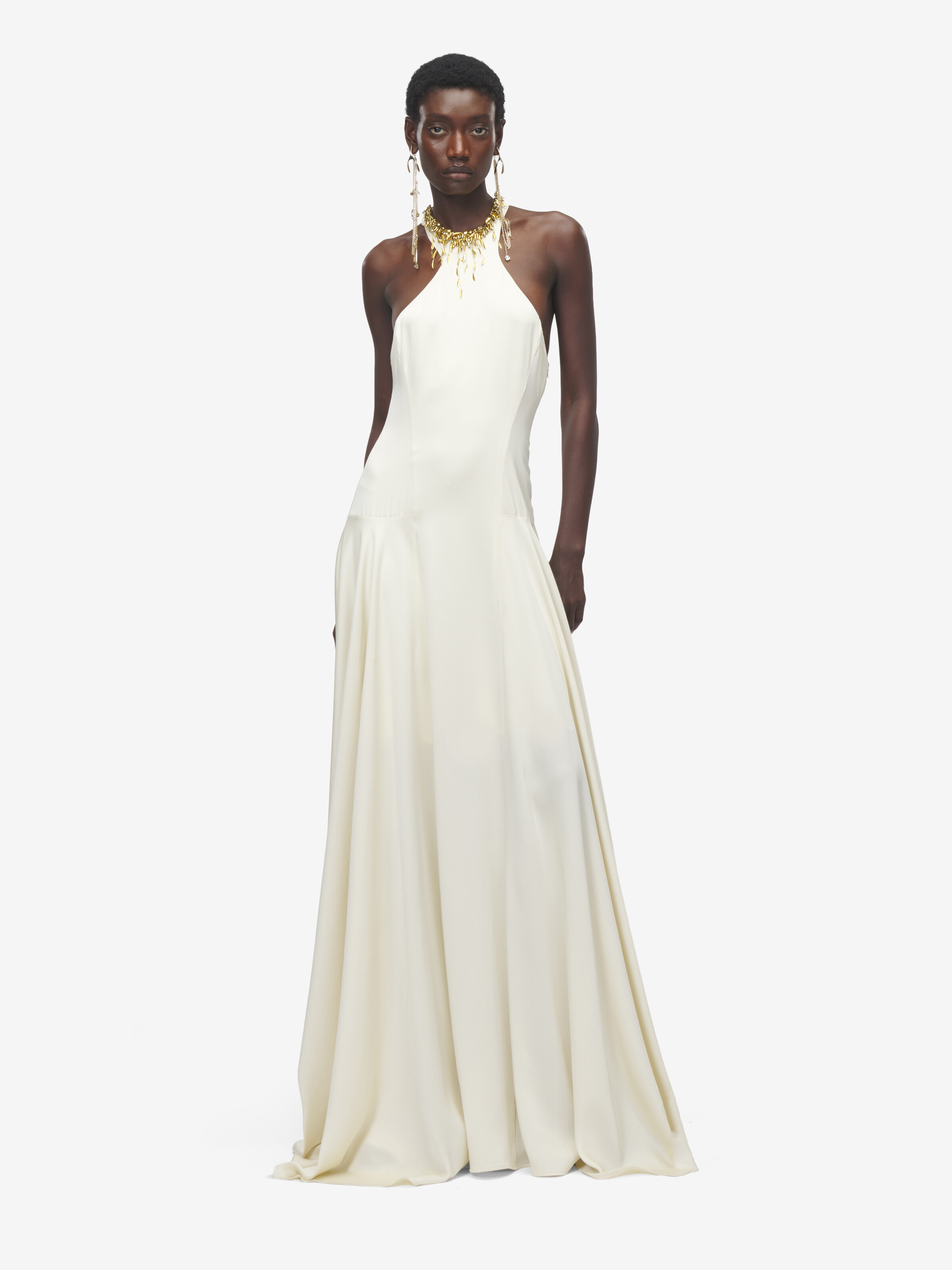 Women's Gold Leaves And Crystal Embroidery Evening Dress in Cream in 61% Viscose, 39% Acetate | Alexander McQueen - image 2