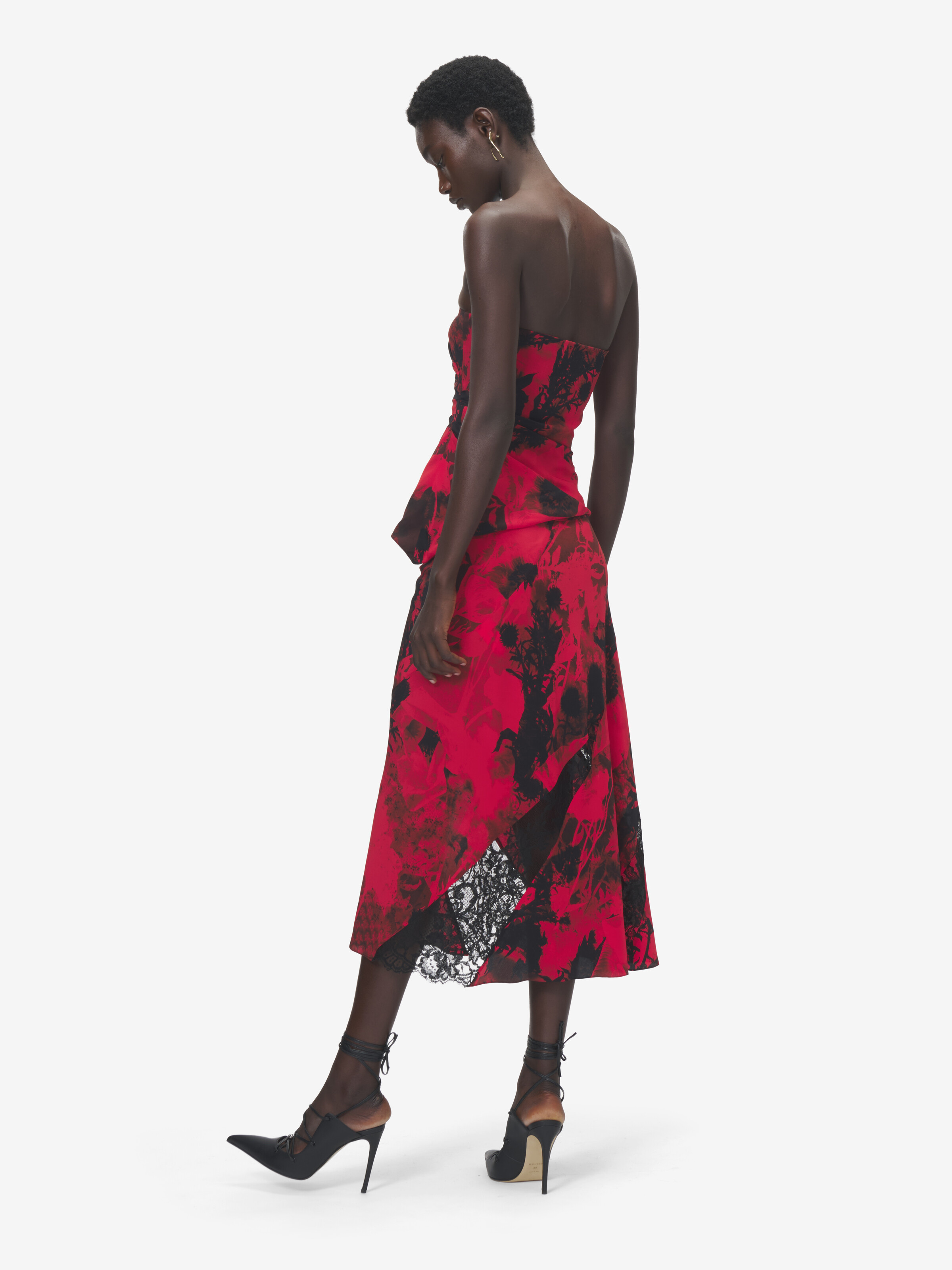 Women's Floral Strapless Top in Red/Black in 100% Silk | Alexander McQueen - image 4