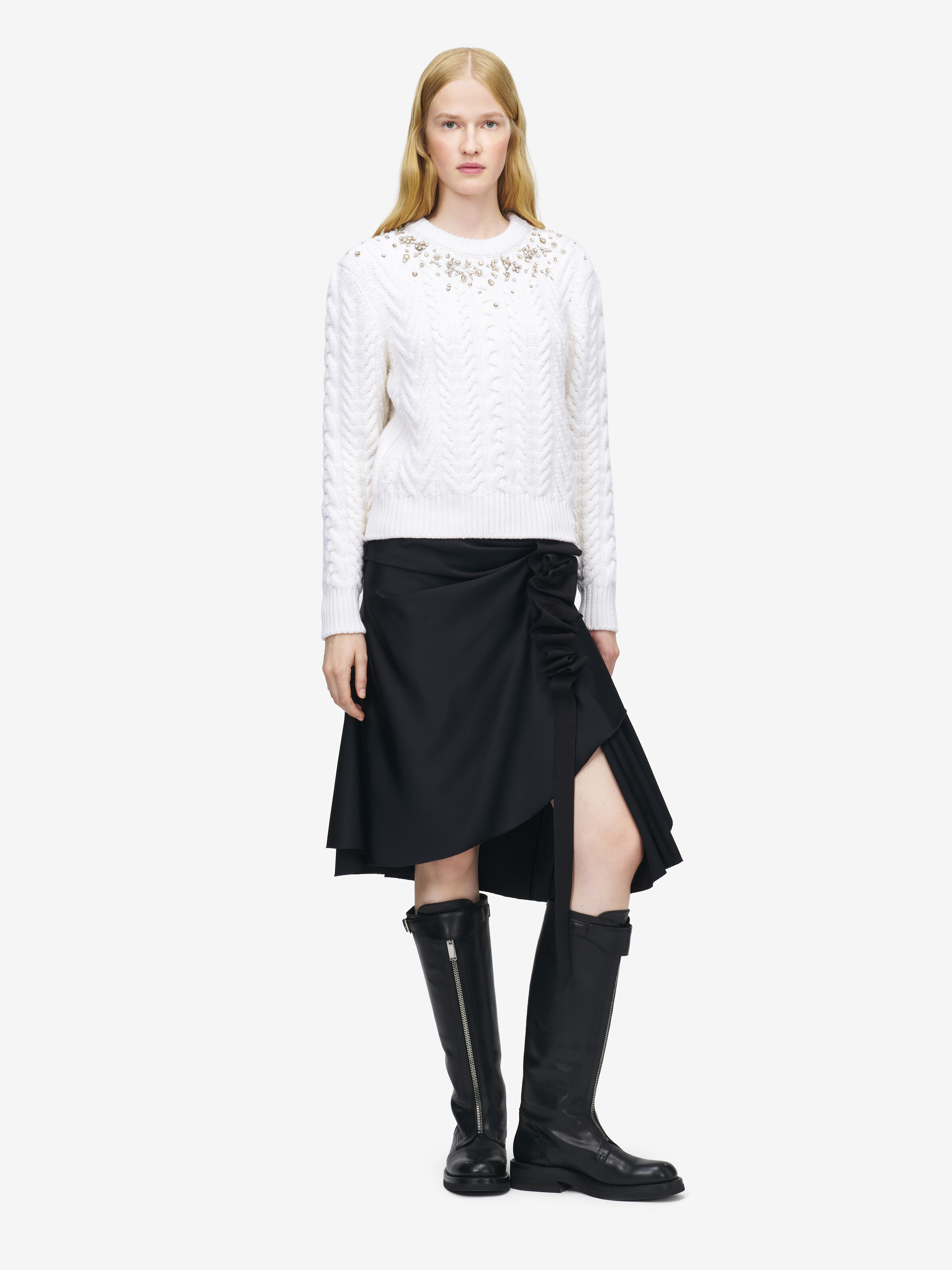 Women's Crystal Embroidery Cable Knit Jumper in Ivory in 90% Wool, 10% Cashmere | Alexander McQueen - image 3