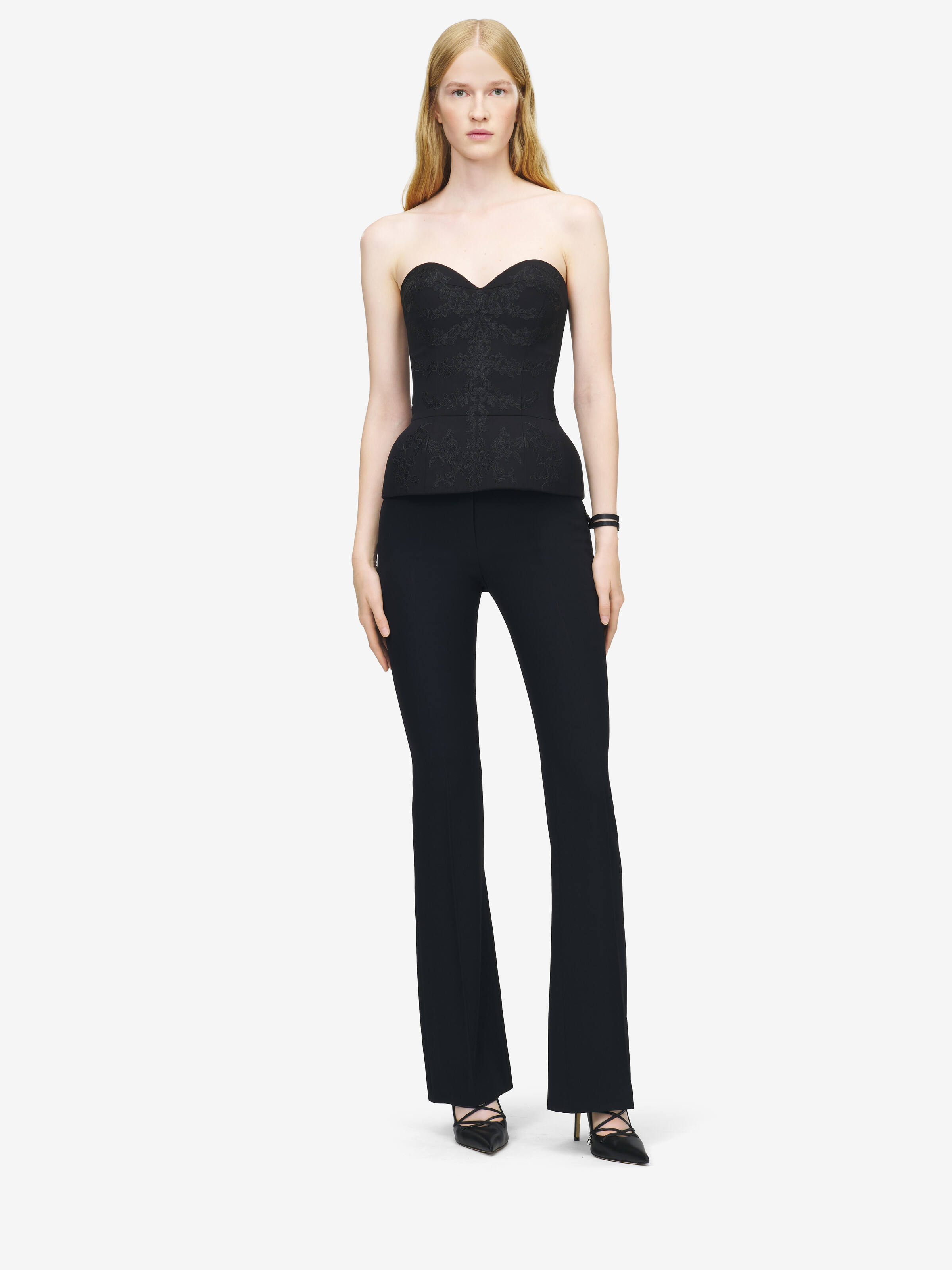 Women's Lace Ribcage Embroidery Corset Top in Black in 100% Wool | Alexander McQueen - image 2