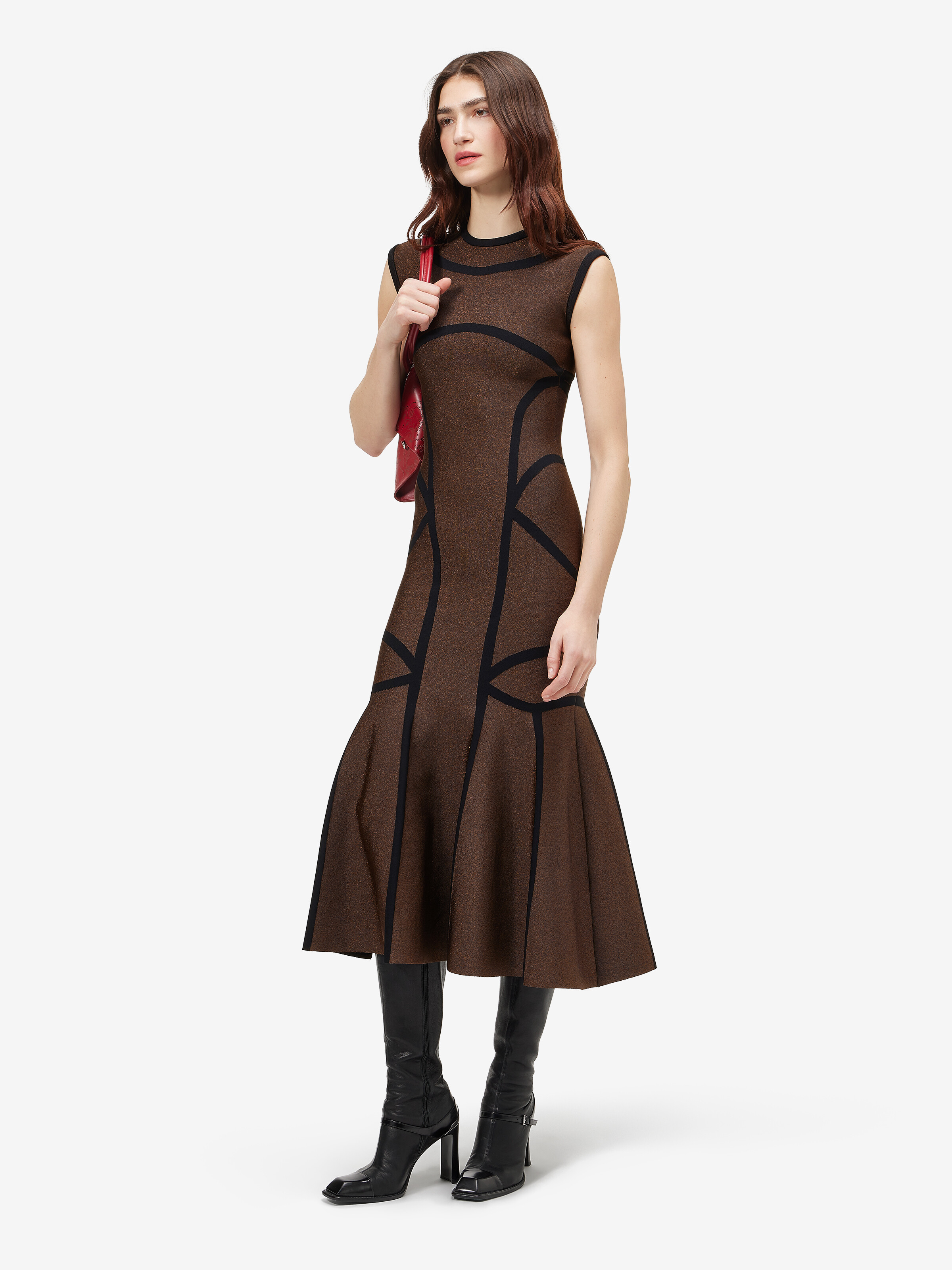 Women's Anatomical Lines Knit Midi Dress in Dark Brown in 40% Polyester, 38% Viscose, 19% Polyamide, 3% Elastane | Alexander McQueen - image 3