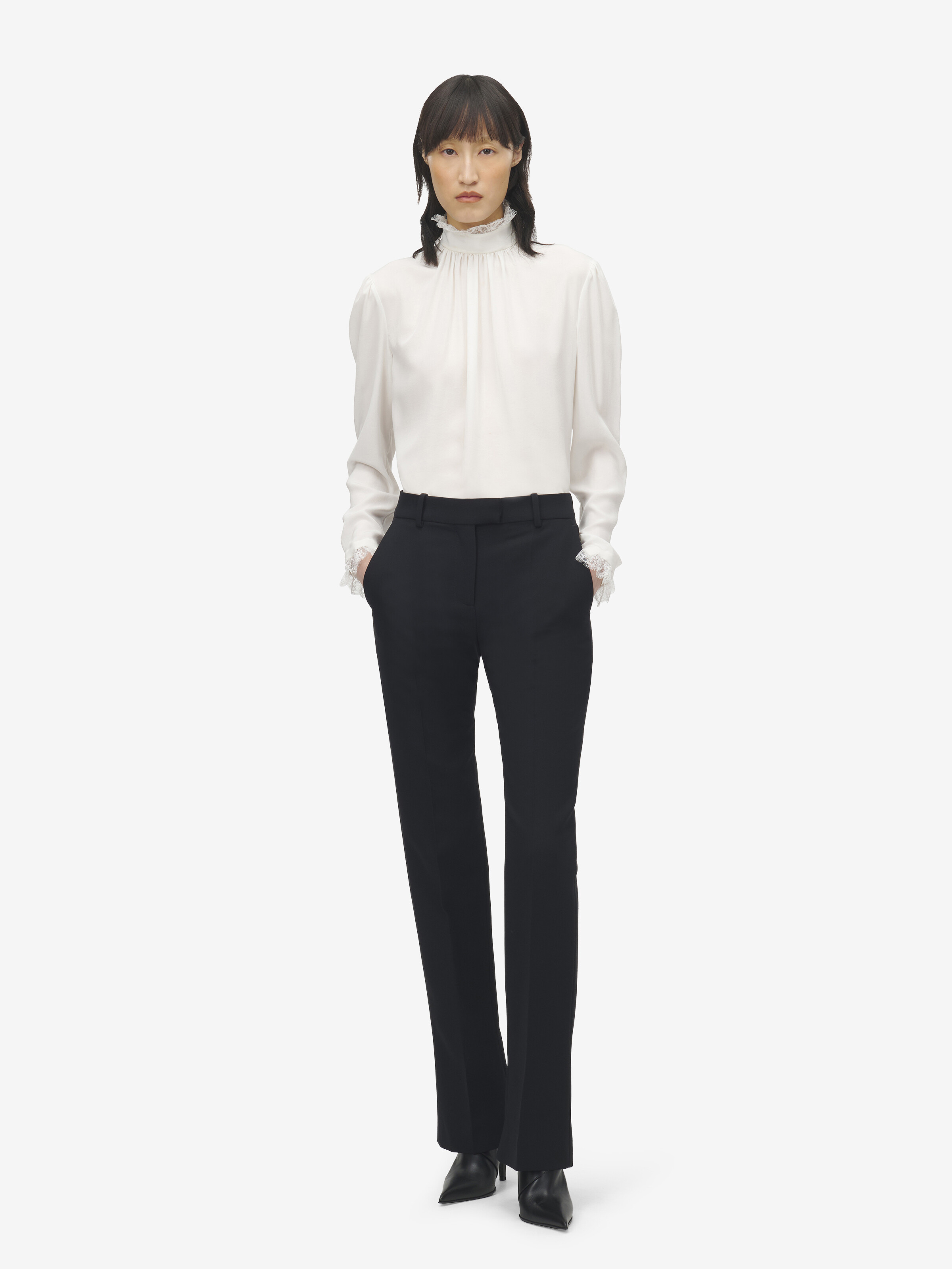 Women's Lace Insert Top in Light Ivory in 100% Silk | Alexander McQueen - image 3