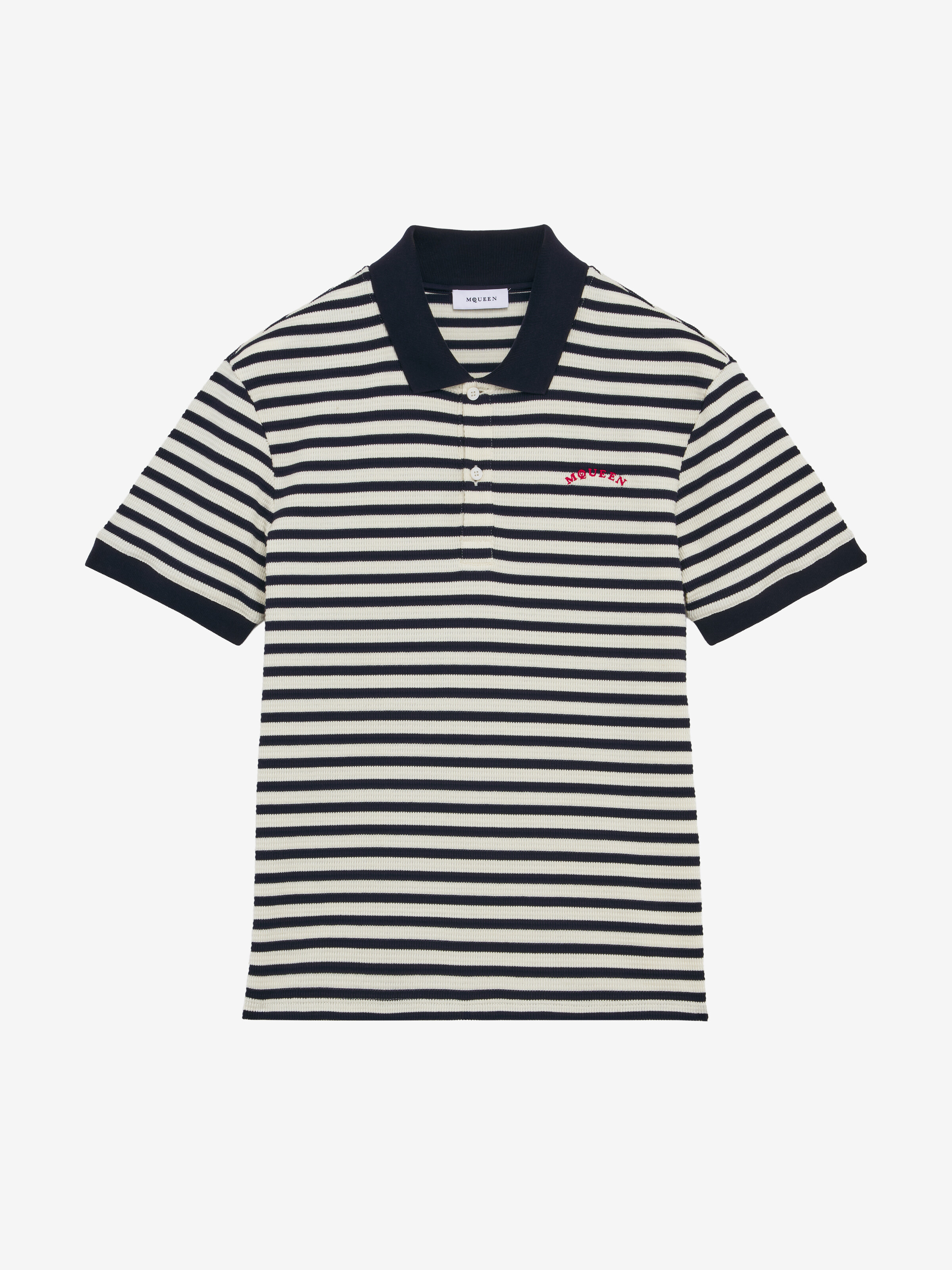 Men's Striped Polo Shirt in Ivory/Navy in 98% Cotton, 2% Elastan | Alexander McQueen - image 2
