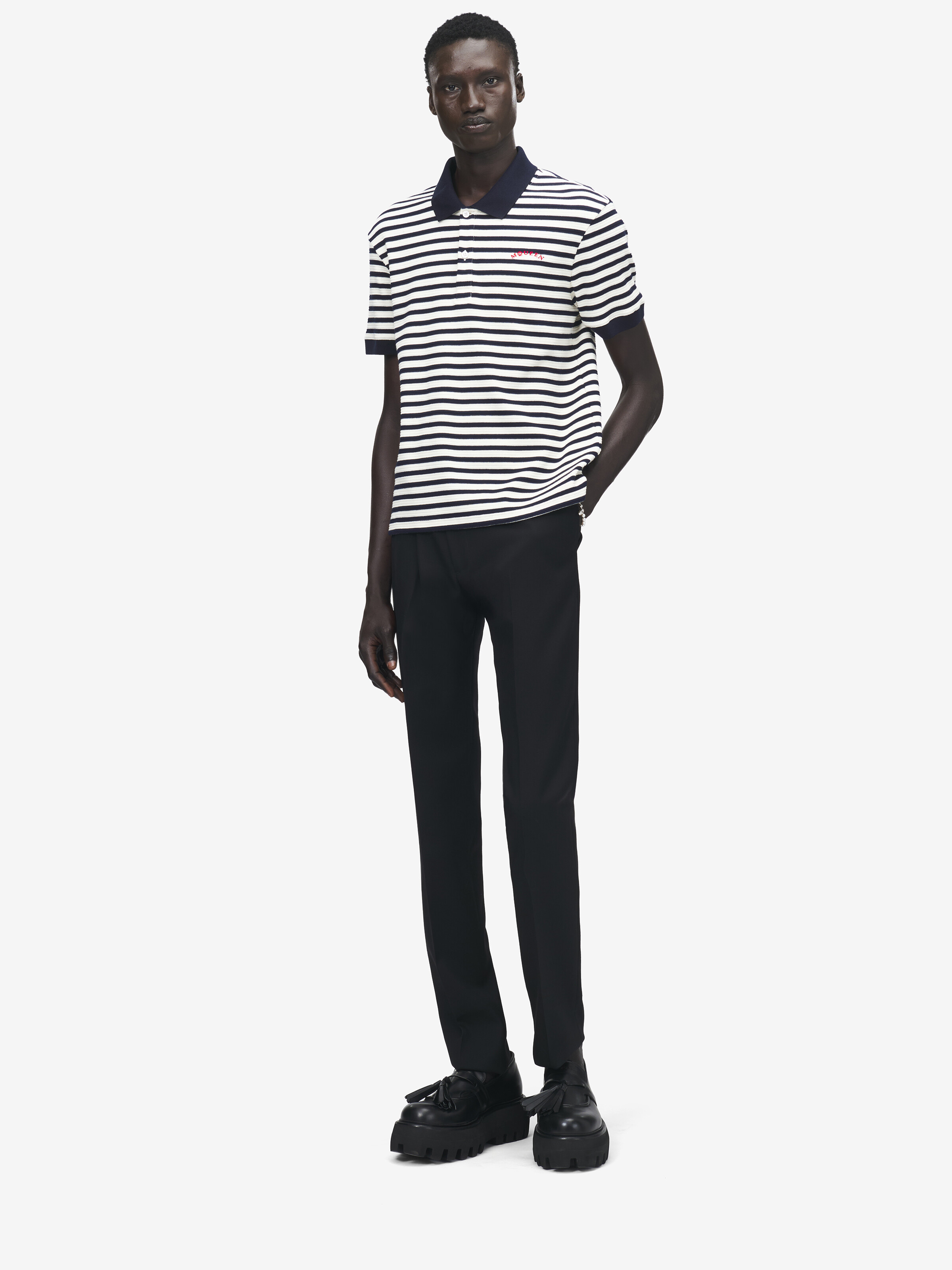 Men's Striped Polo Shirt in Ivory/Navy in 98% Cotton, 2% Elastan | Alexander McQueen - image 2