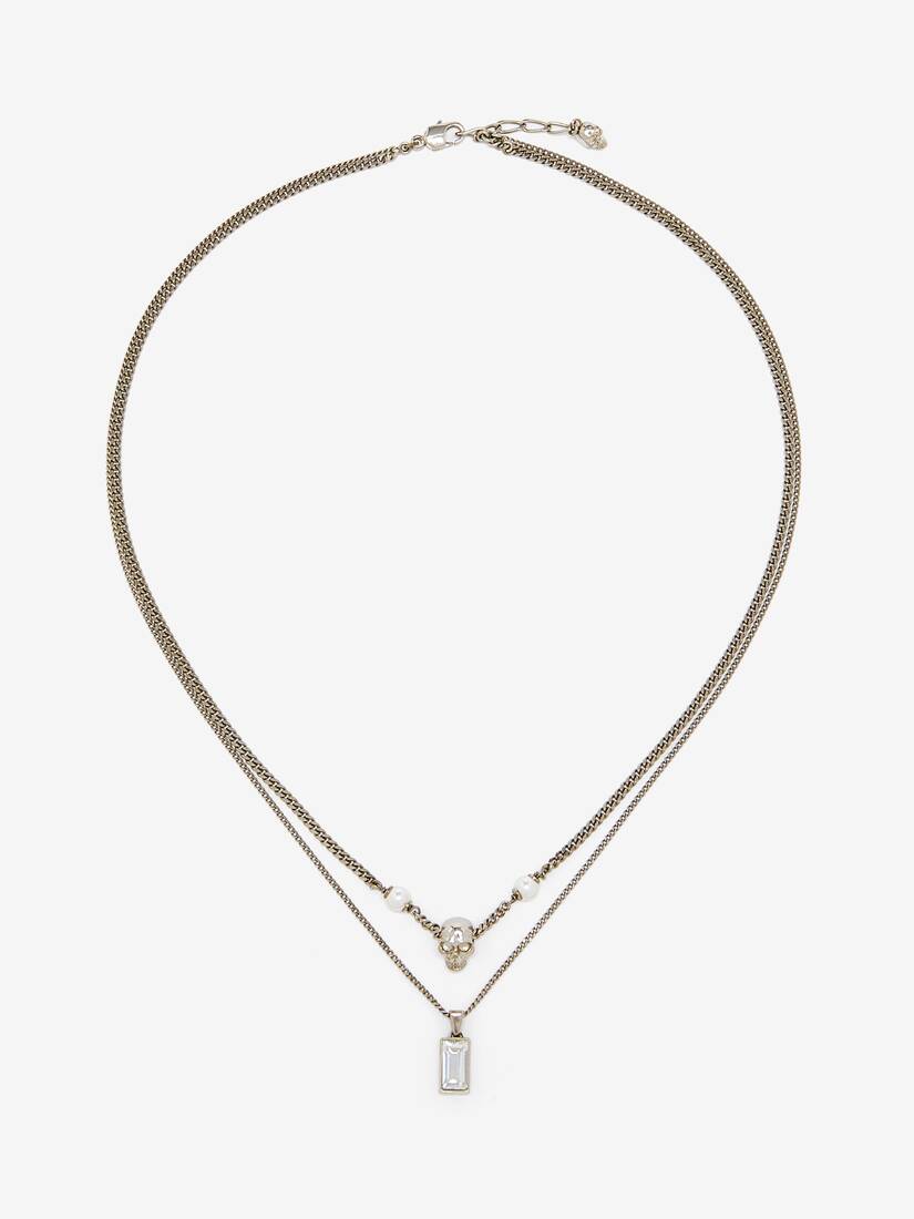 Skull & Pearl Layered Chain Necklace