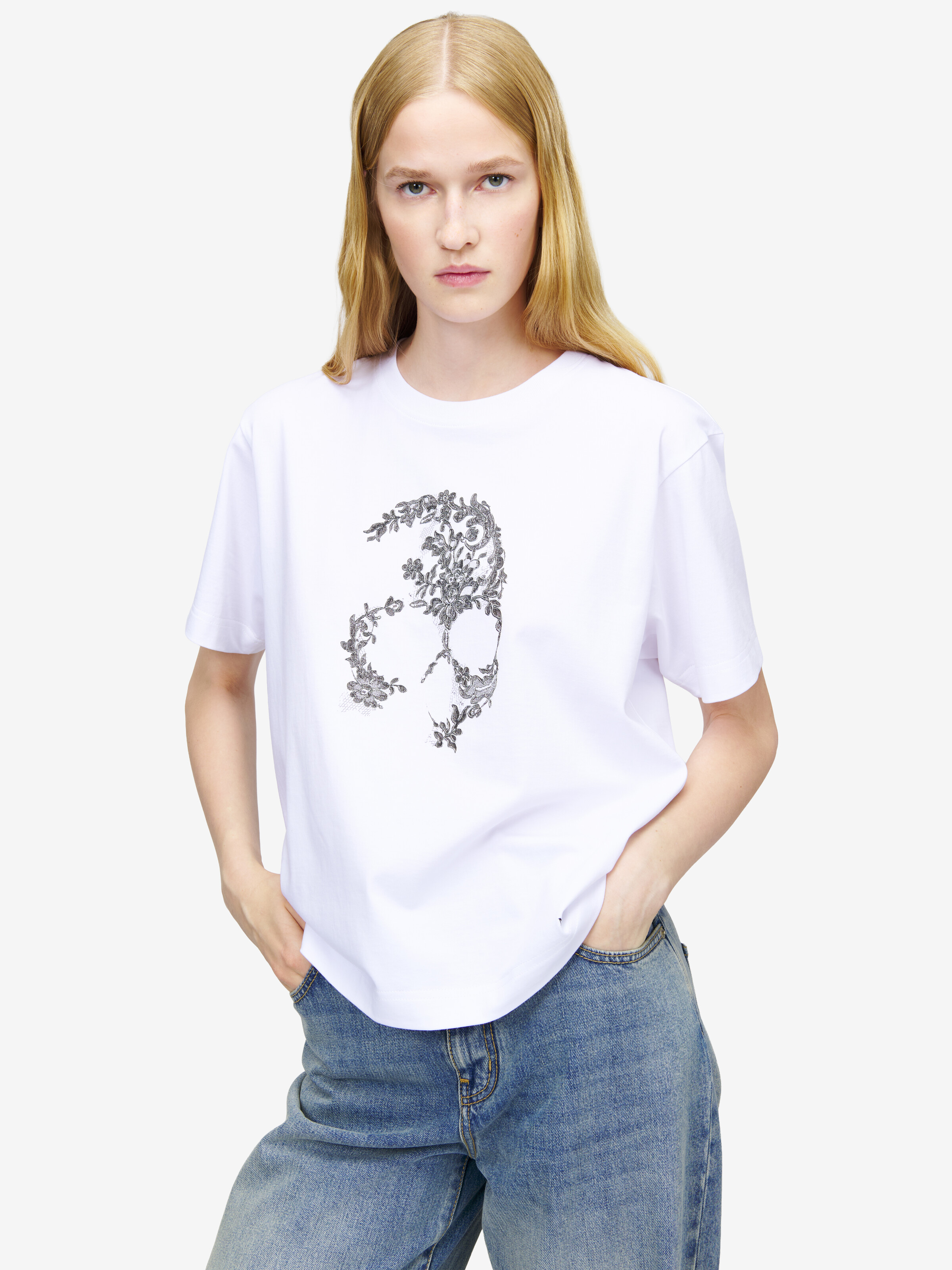 T-shirt Skull à dentelle pour Femme en Blanc in 100% Coton | Alexander McQueen - image 6