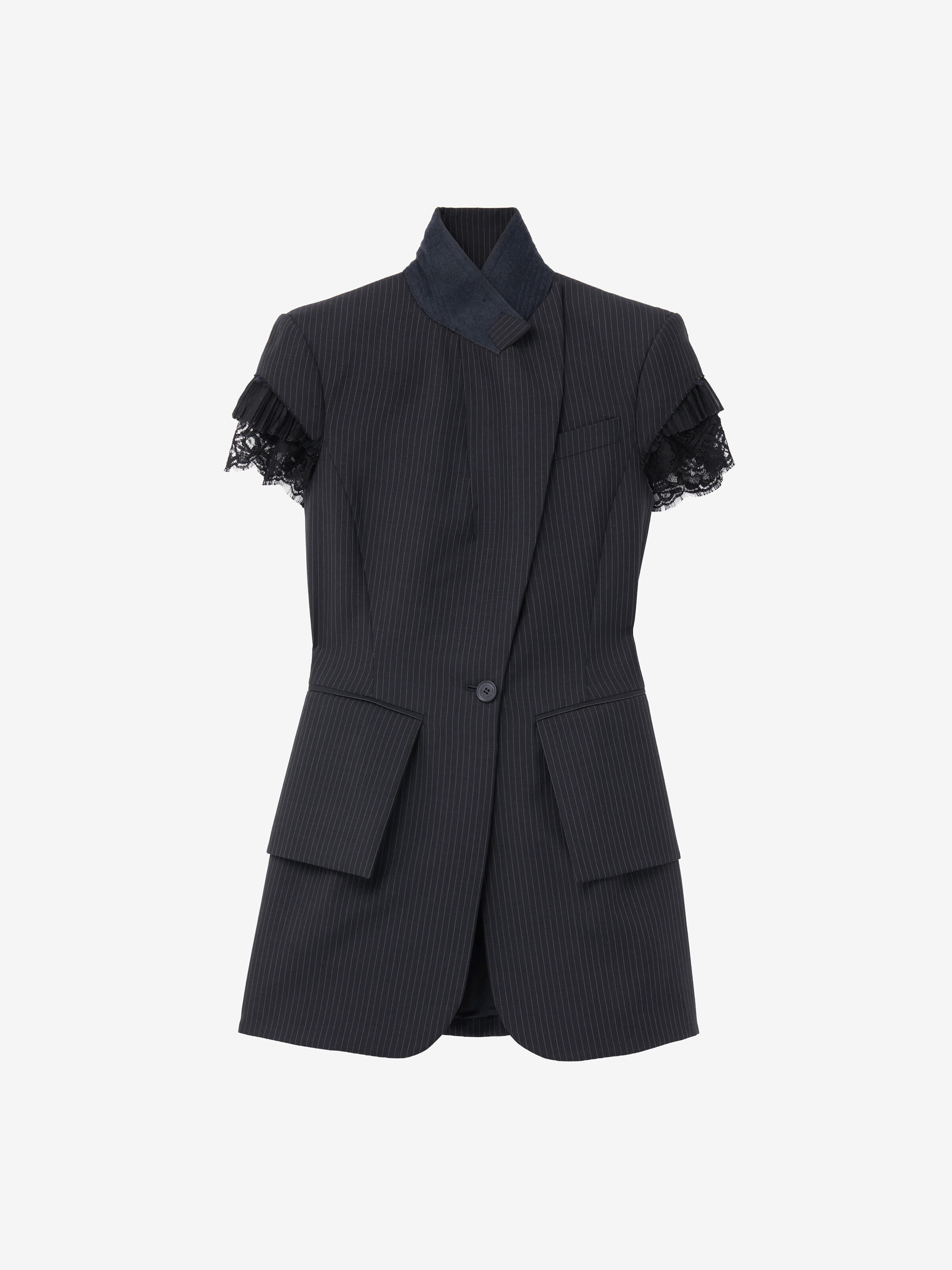 Women's Pinstriped Short-Sleeved Jacket in Navy in 75% Wool, 25% Mohair | Alexander McQueen - image 1