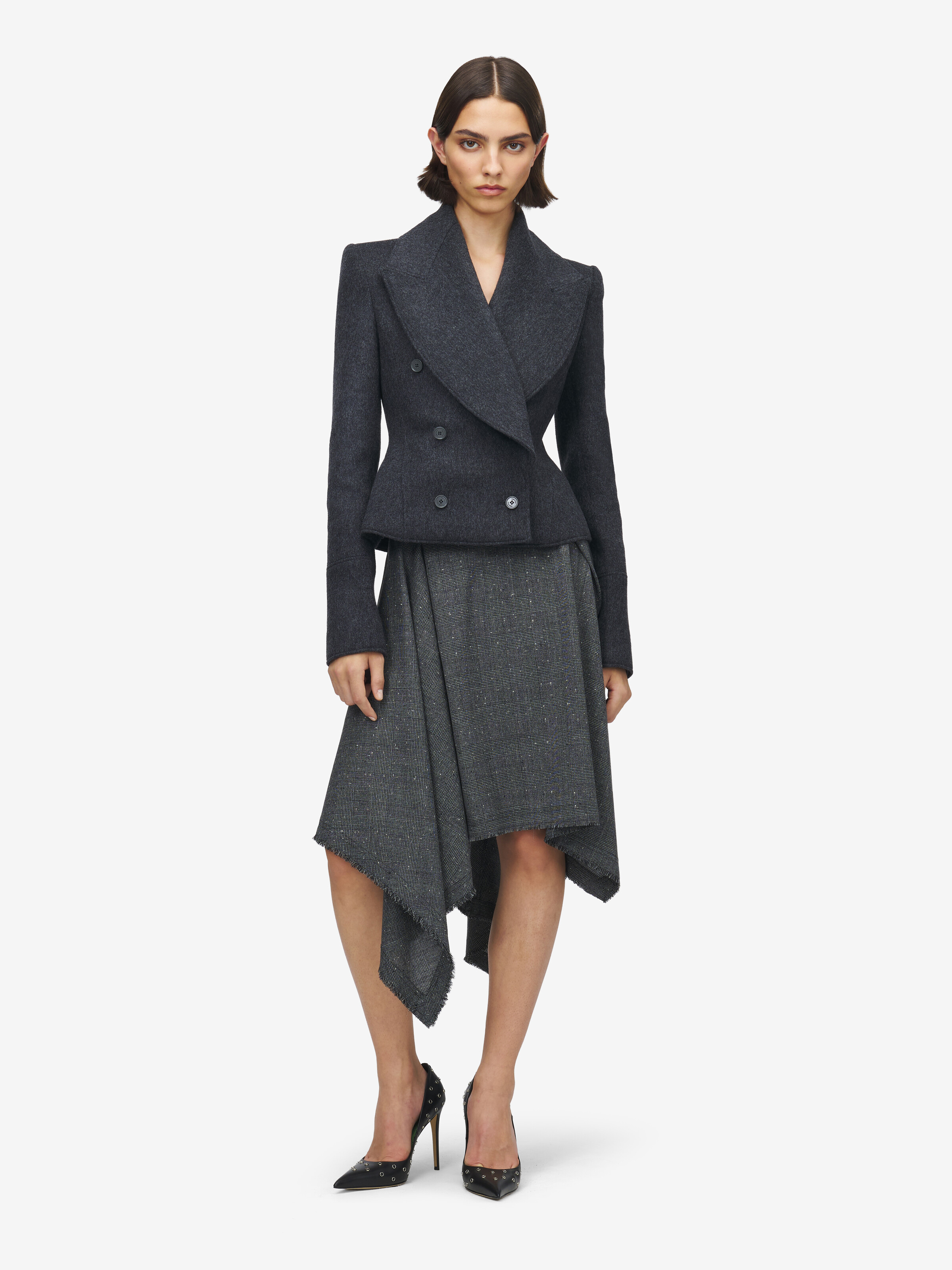 Women's Flecked Glen Check Asymmetric Skirt in Black/Ivory in 100% Wool | Alexander McQueen - image 1