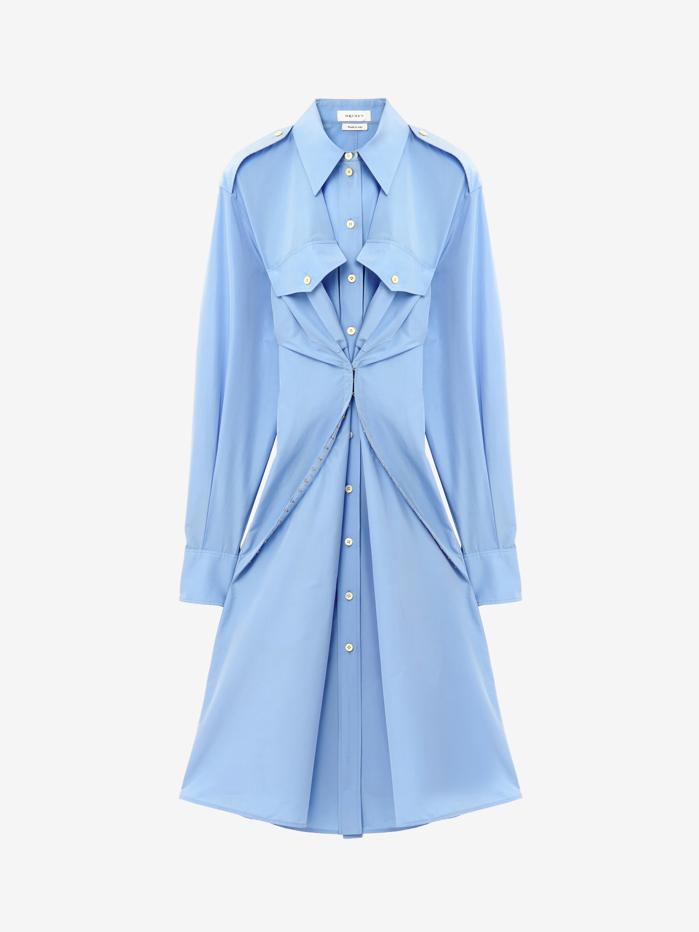 Women's Gathered Shirt Dress in Blue in 51% Cotton, 49% Polyester | Alexander McQueen - image 1