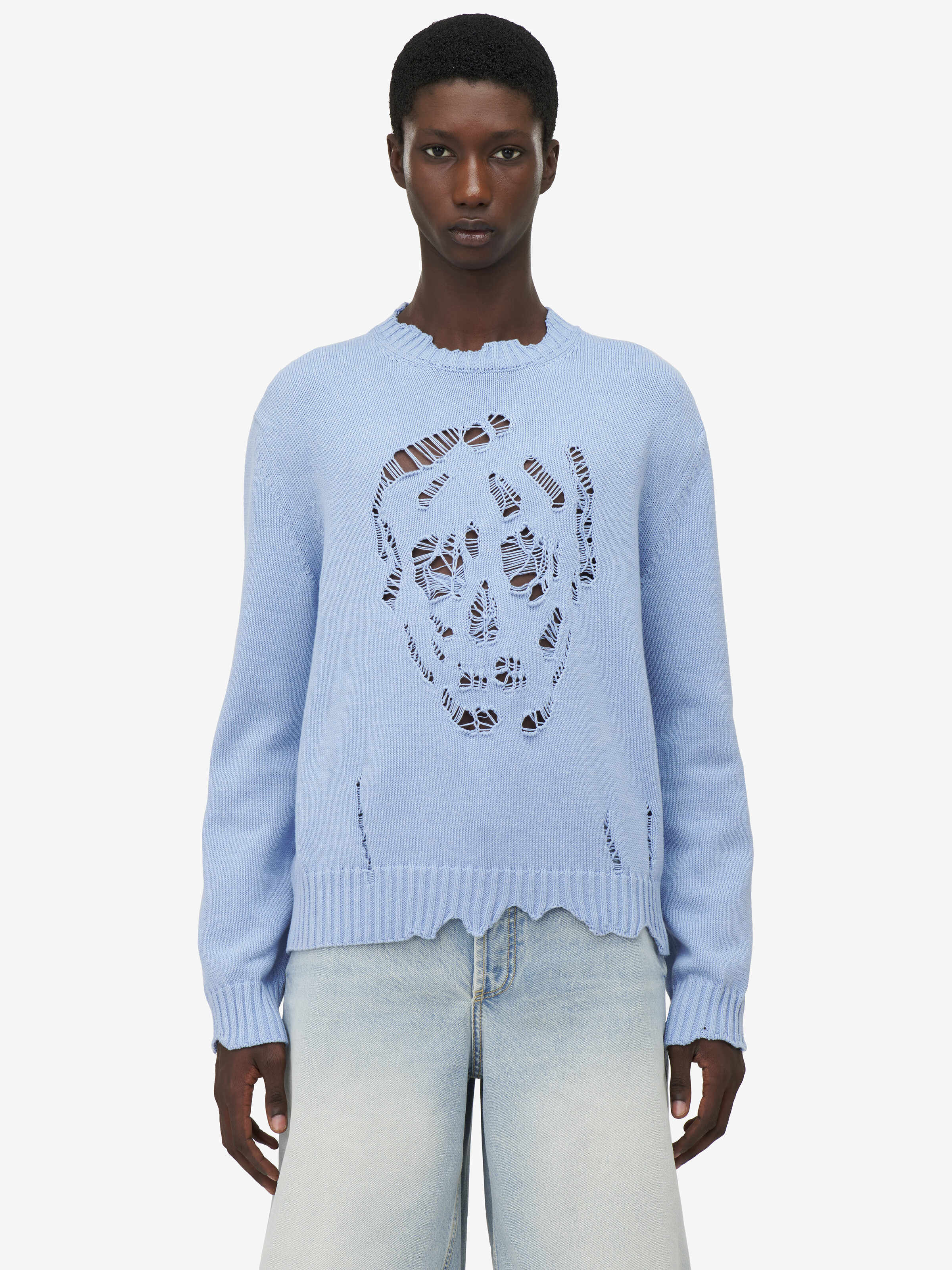 Men's Distressed Skull Jumper in Shirting Blue in 100% Cotton | Alexander McQueen - image 6