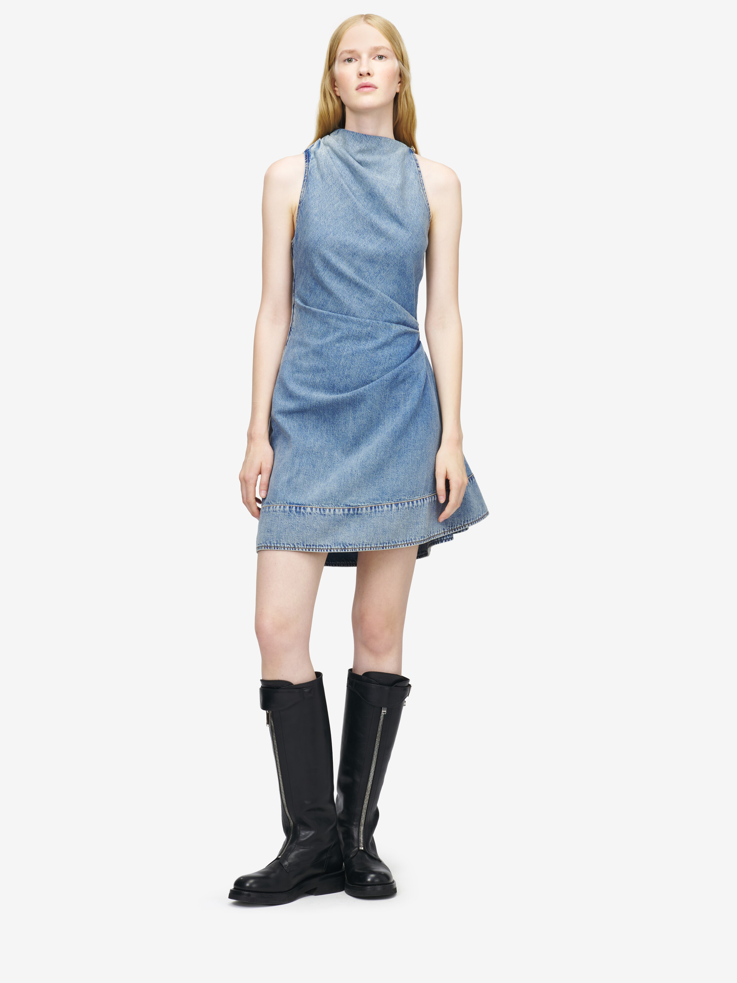Women's Denim Asymmetric Mini Dress in Washed Blue in 100% Cotton | Alexander McQueen - image 2