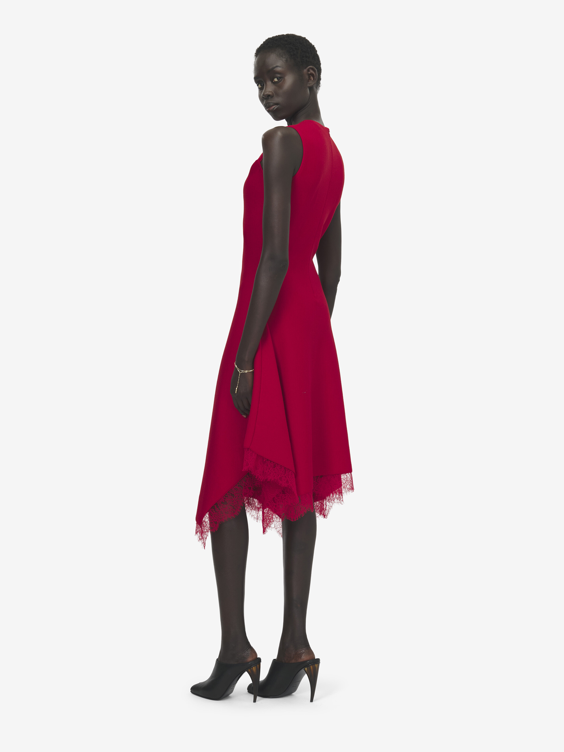 Women's Lace Trim A-Line Dress in Red in 46% Viscose, 45% Wool, 8% Polyamid1% Elastan | Alexander McQueen - image 4