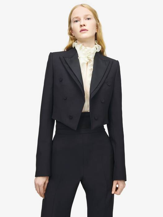 Women's Double Lapel Cropped Jacket in Black | Alexander McQueen EN-US