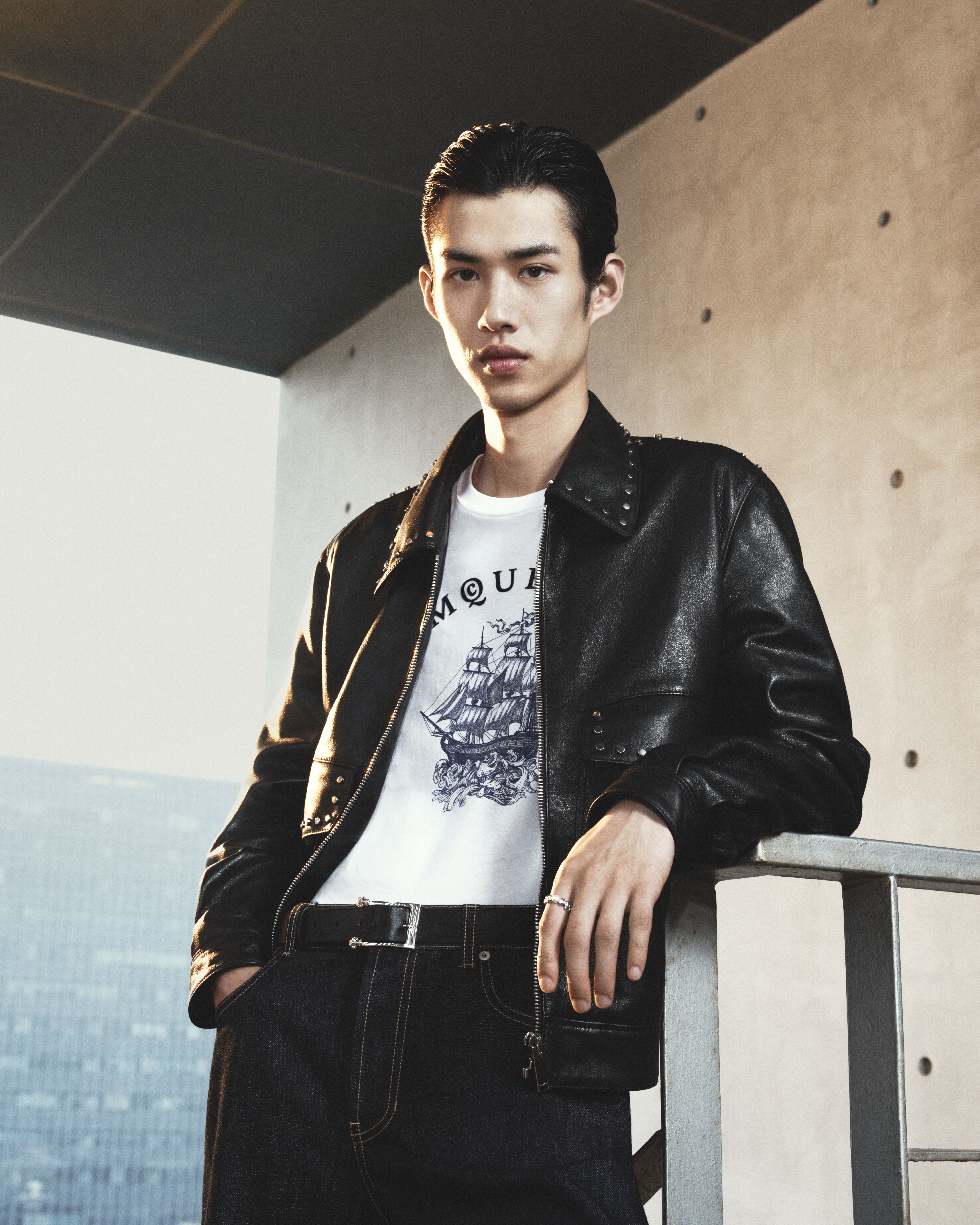 Mens McQueen black leather jacket and white t-shirt