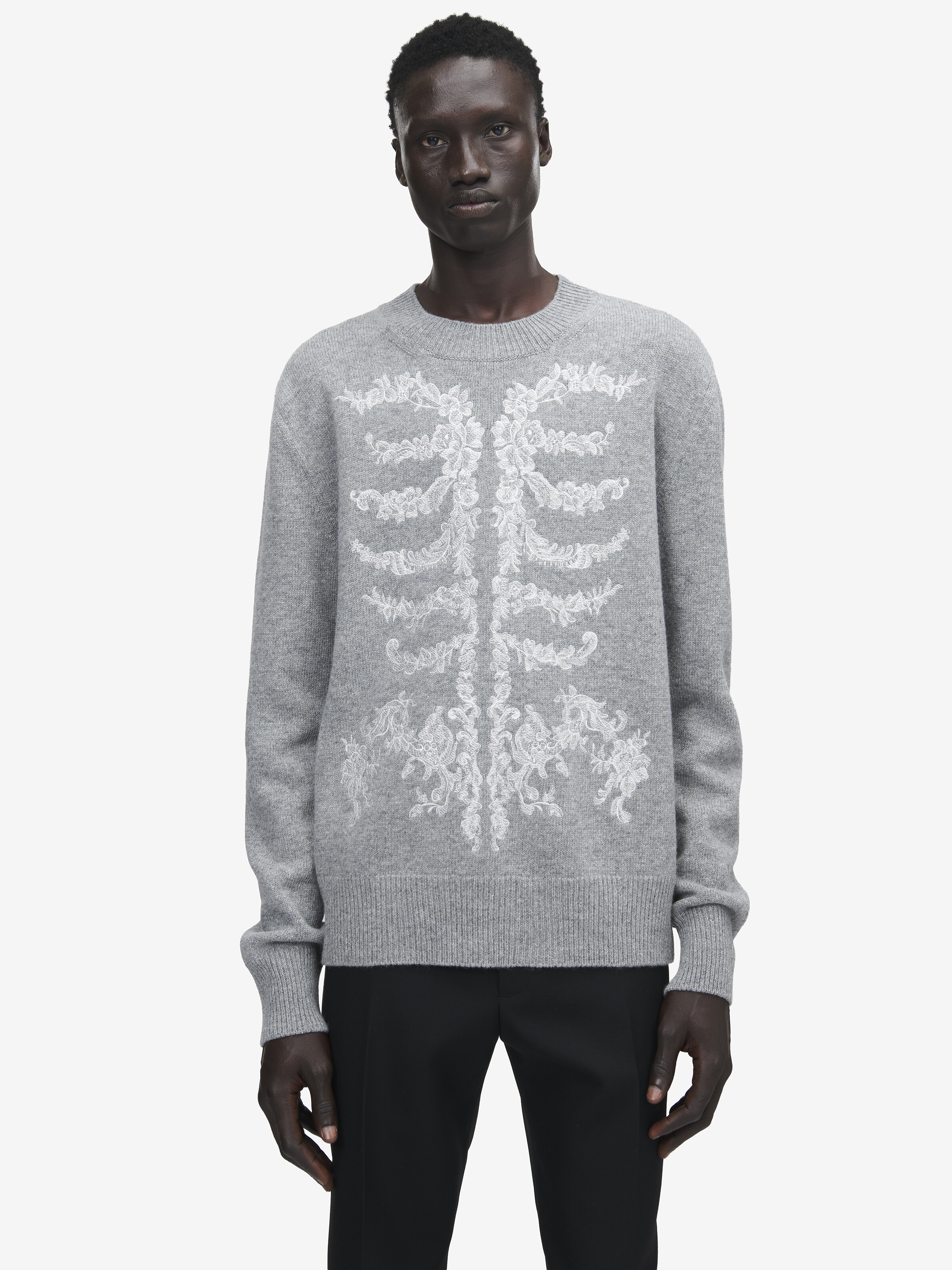 Men's Lace Ribcage Embroidery Jumper in Grey Melange in 100% Wool | Alexander McQueen - image 6