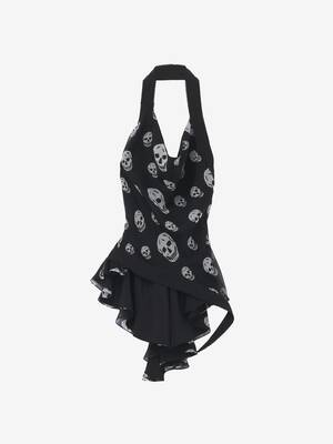 Women's Skull Print Asymmetric Top in Black/White | McQueen CA