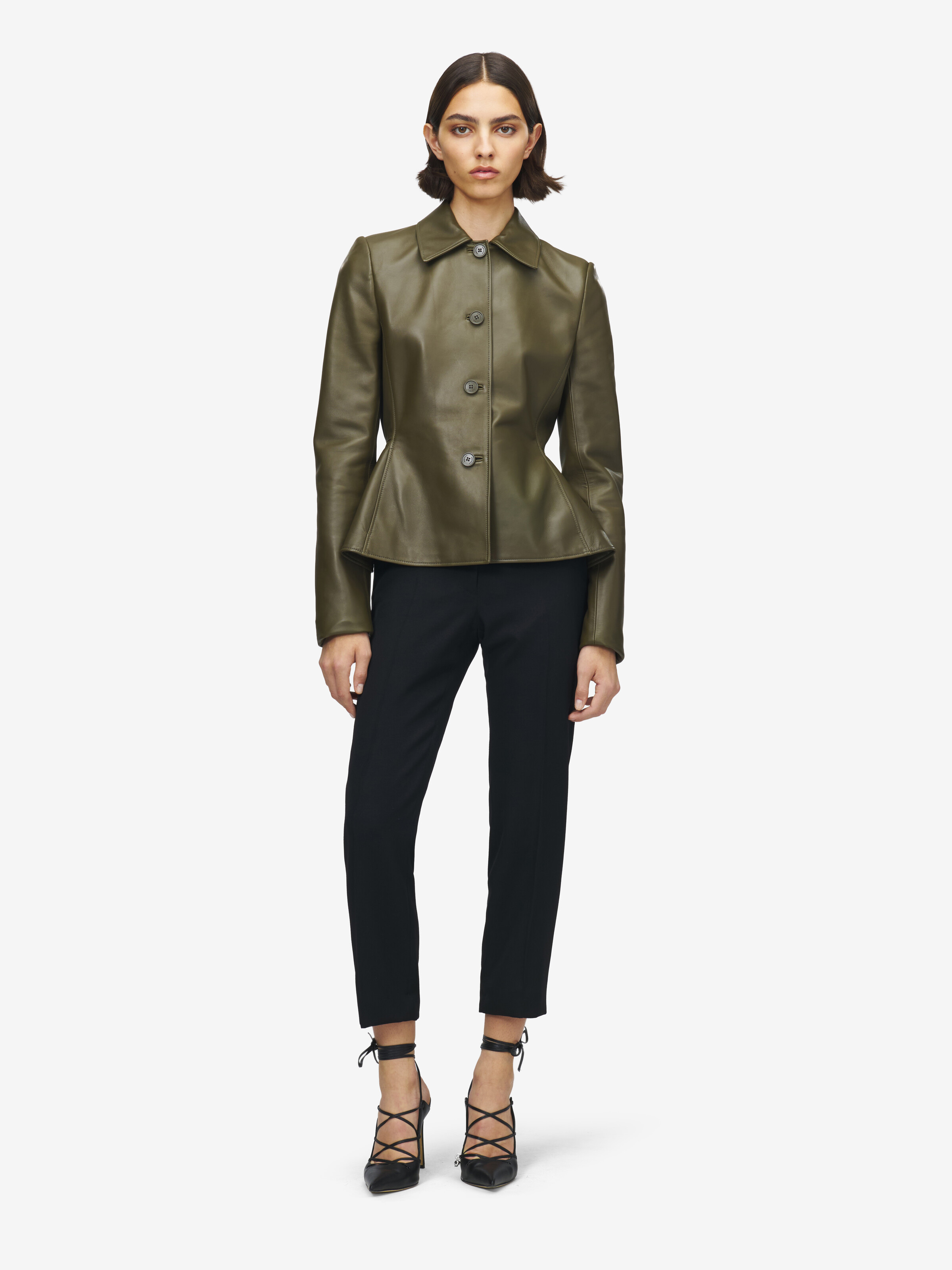 Women's Leather Peplum Jacket in Green in 100% Lamb Leather | Alexander McQueen - image 3