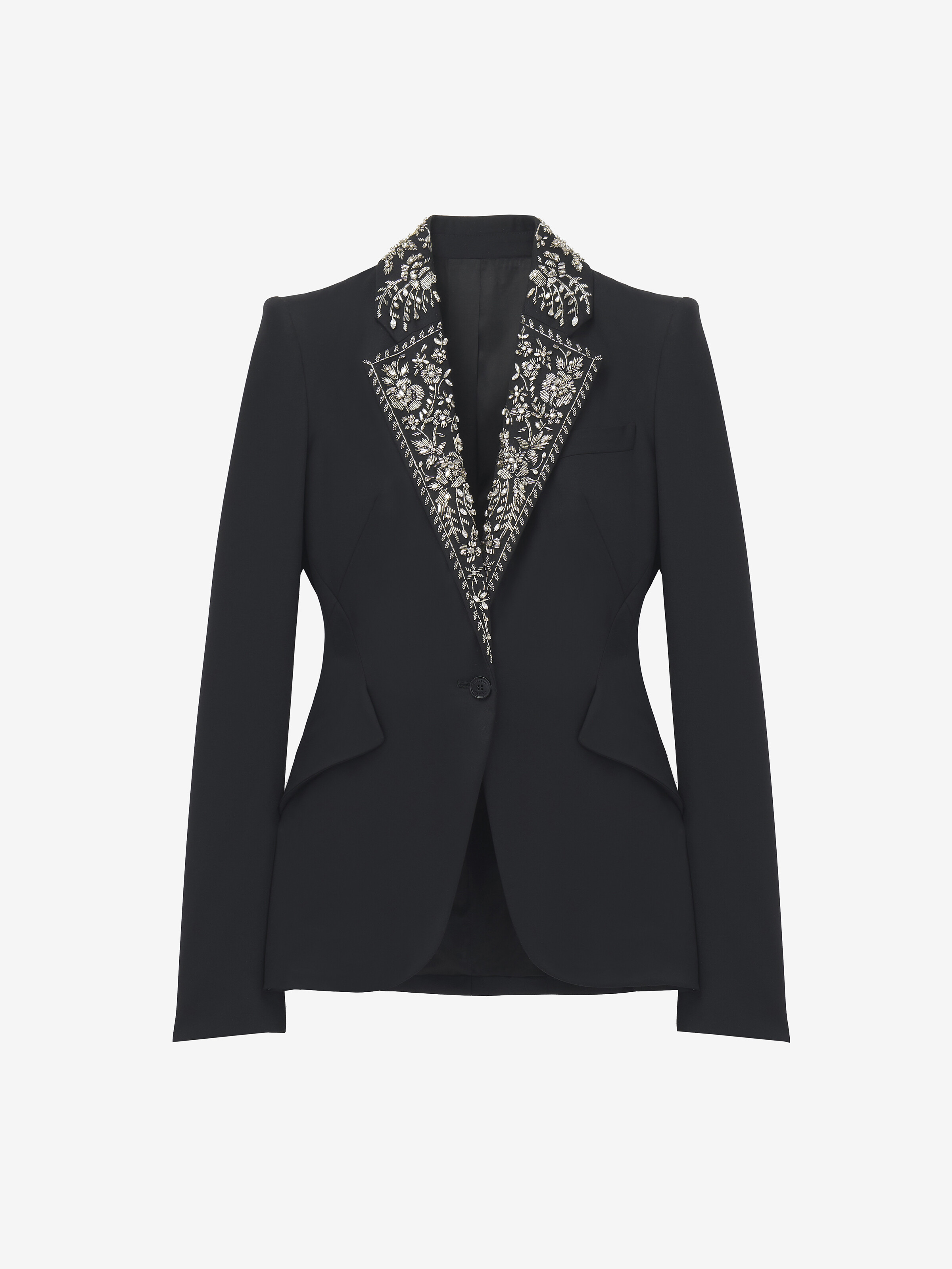 Women's Embroidered Lapel Single-breasted Jacket in Black in 100% Wool | Alexander McQueen - image 1