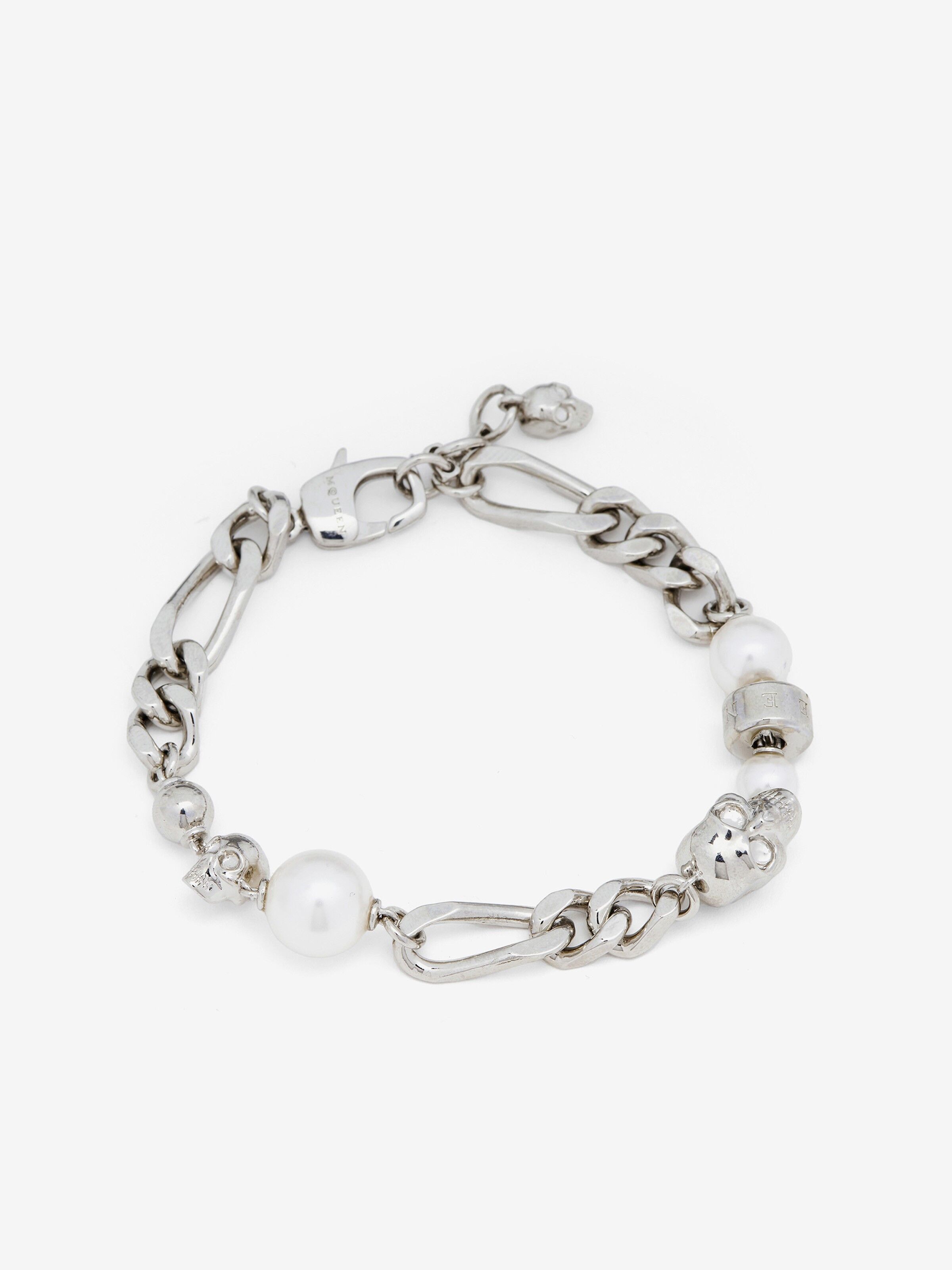 Men's Skull and Pearls Bracelet in Palladium-finish in Brass, Glass Pearl | Alexander McQueen - image 1