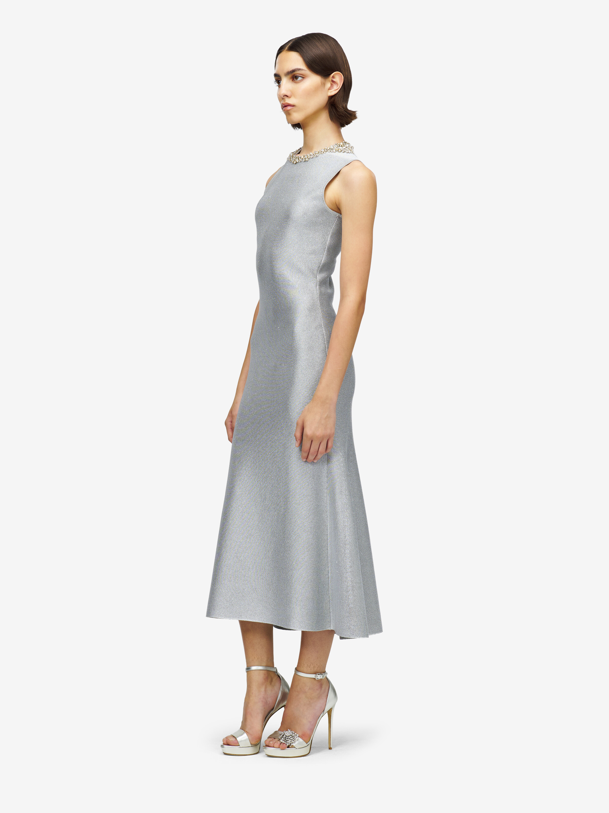 Midikleid mit Kettenhemd-Stickerei Damen für Silber in 81% Viscose, 17% Metallic-Polyester, 2% Polyester | Alexander McQueen - image 3