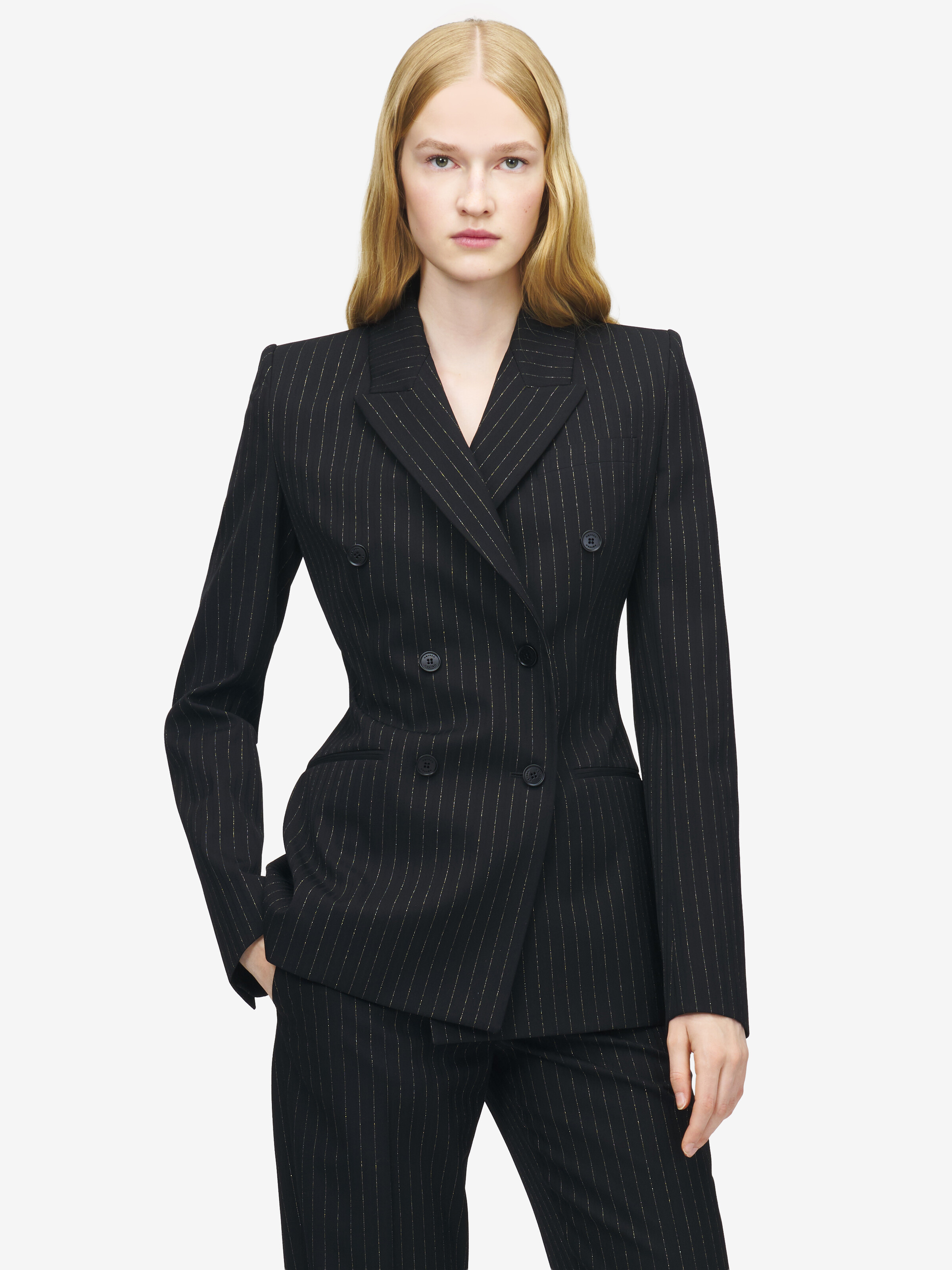 Women's Pinstriped Double-breasted Jacket in Black in 100% Wool | Alexander McQueen - image 6