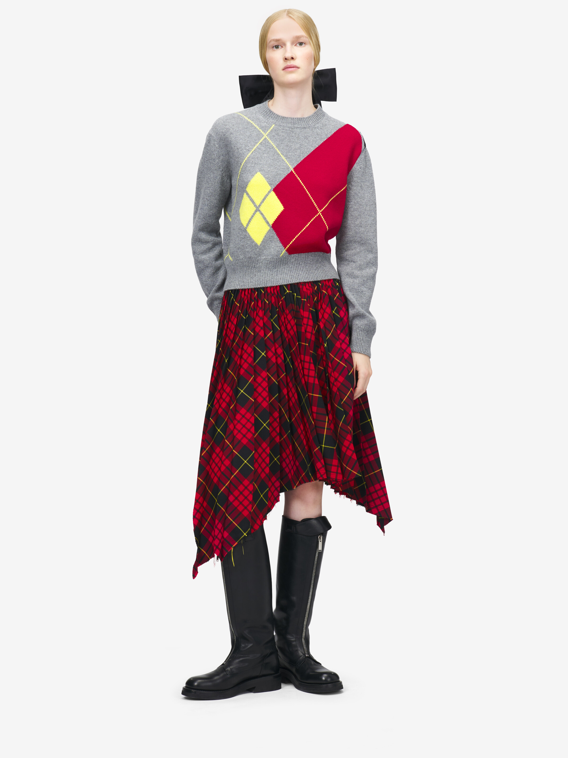 Women's Argyle Crew Neck Jumper in Grey/Red/Yellow in 100% Wool | Alexander McQueen - image 2