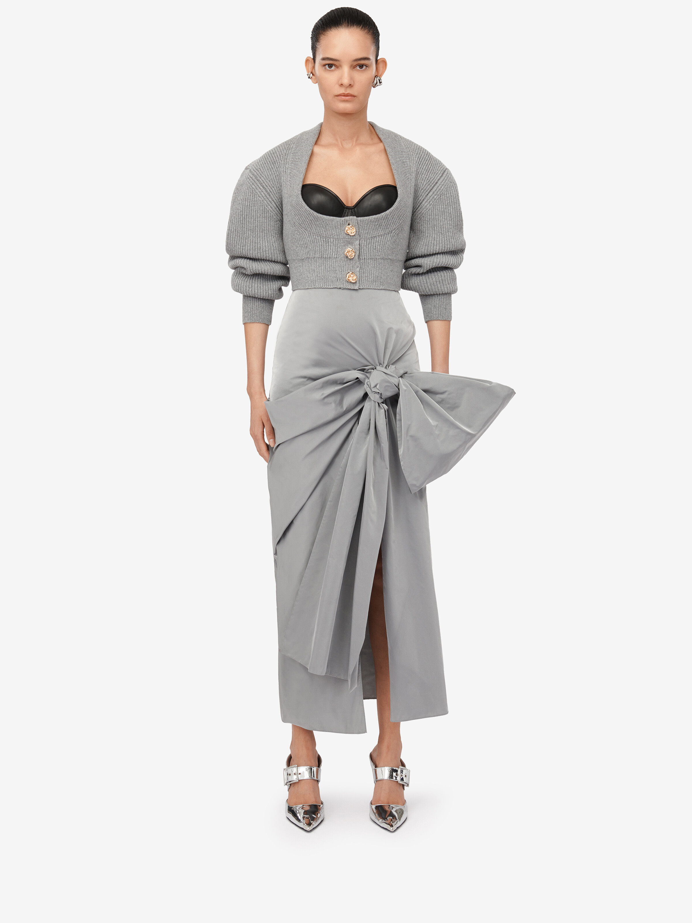 Women's Bow Detail Slim Skirt in Silver in 100% Polyester | Alexander McQueen - image 2