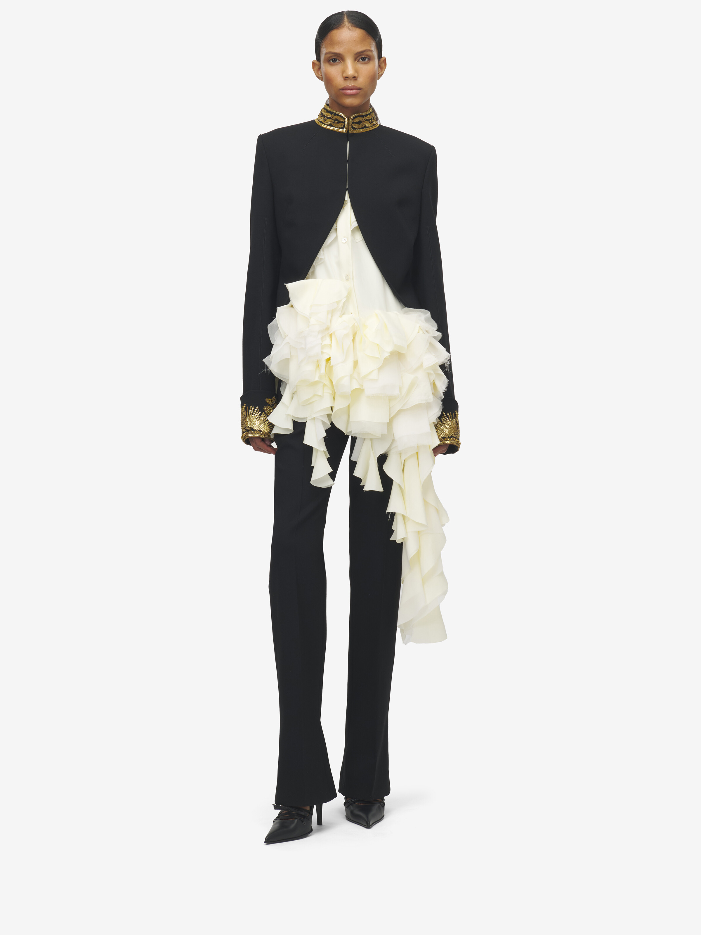 Women's Goldwork Border Embroidery Cutaway Jacket in Black in 98% Wool, 2% Elastane | Alexander McQueen - image 2