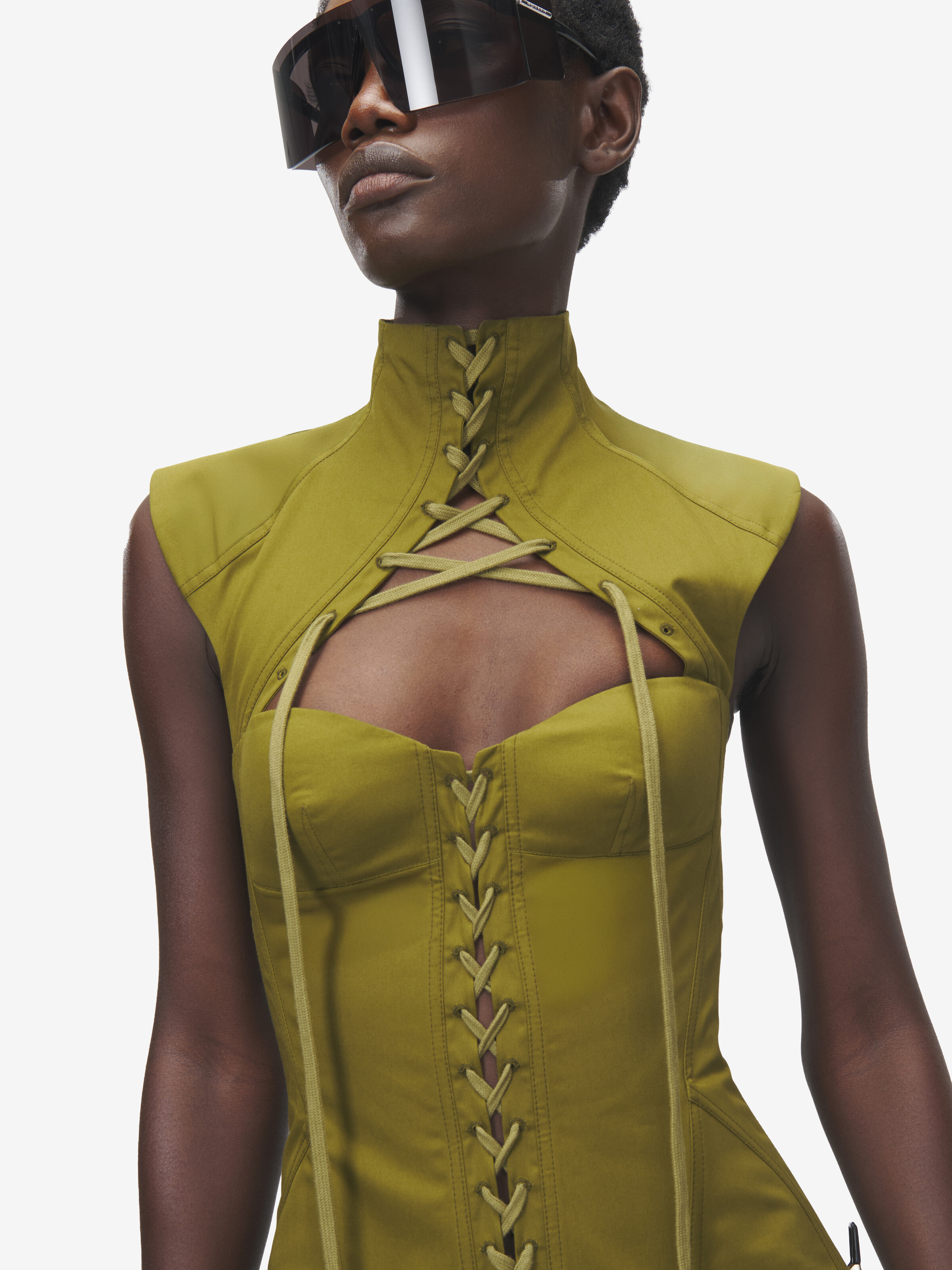 Women's Cut-Out Corset Top in Olive Green in 100% Cotton | Alexander McQueen - image 5
