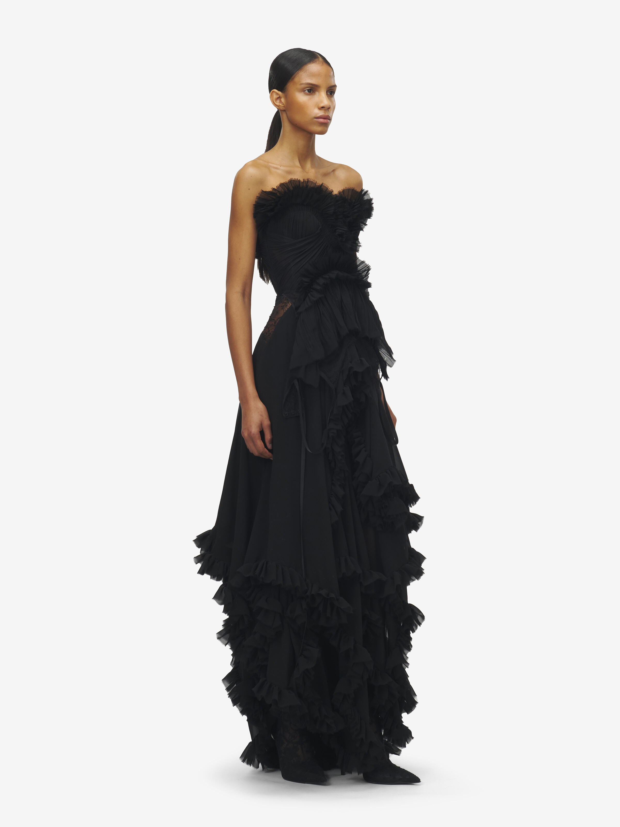 Women's Ruffled Evening Dress in Black in 100% Silk | Alexander McQueen - image 3