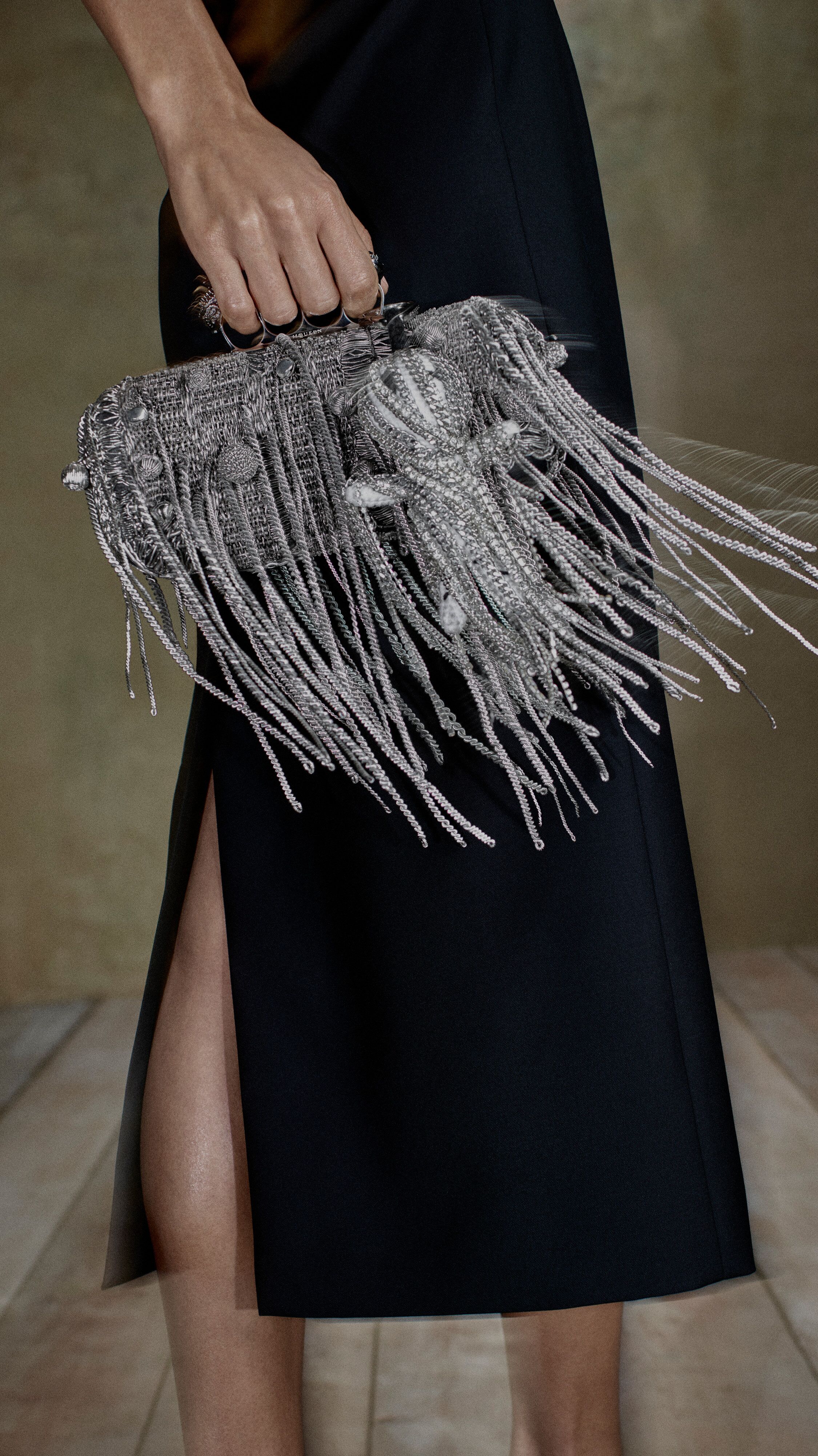 Women's McQueen evening clutch in silver with embellishments