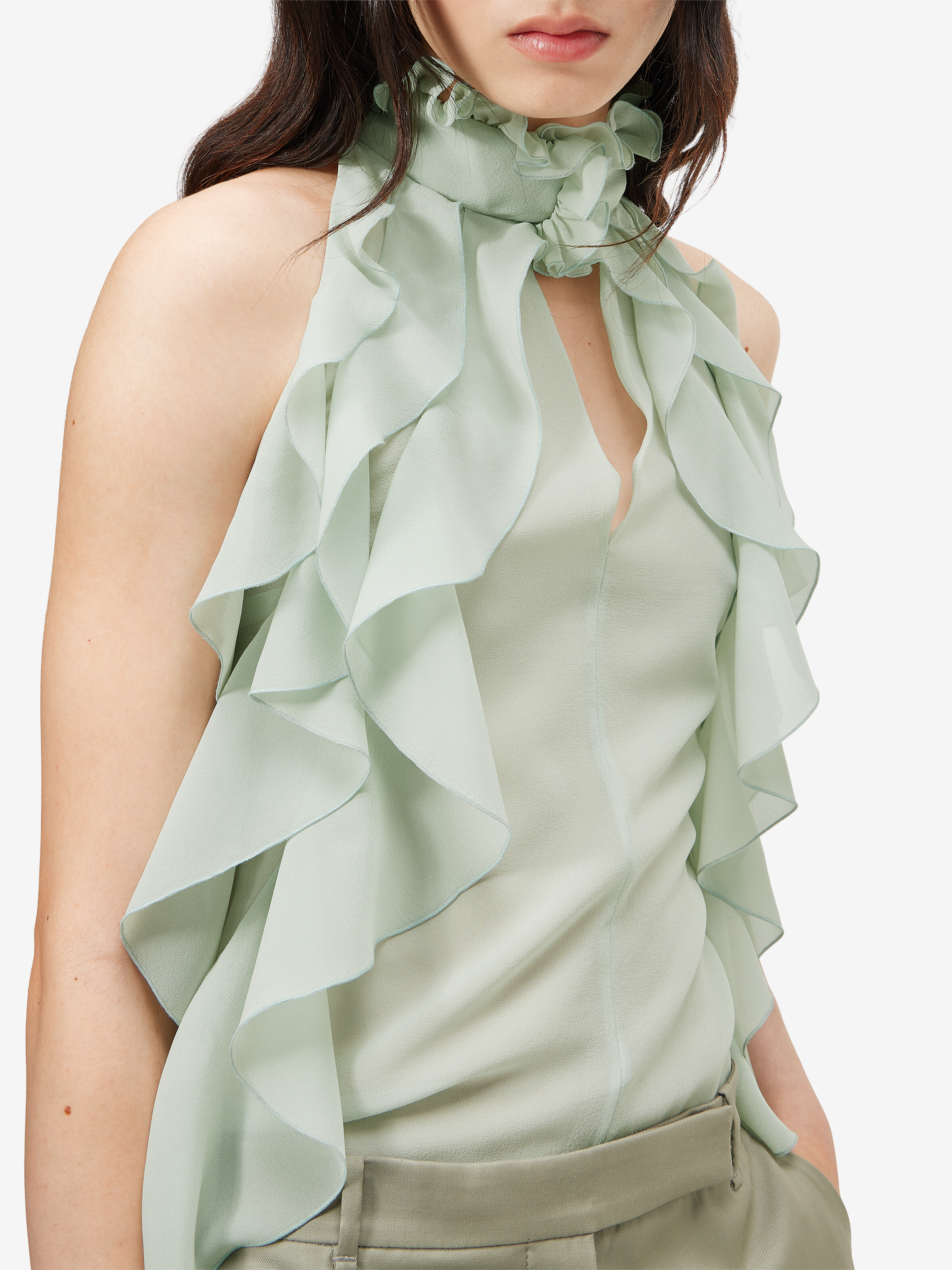 Women's Ruffle Top in Light Green in 100% Silk | Alexander McQueen - image 5