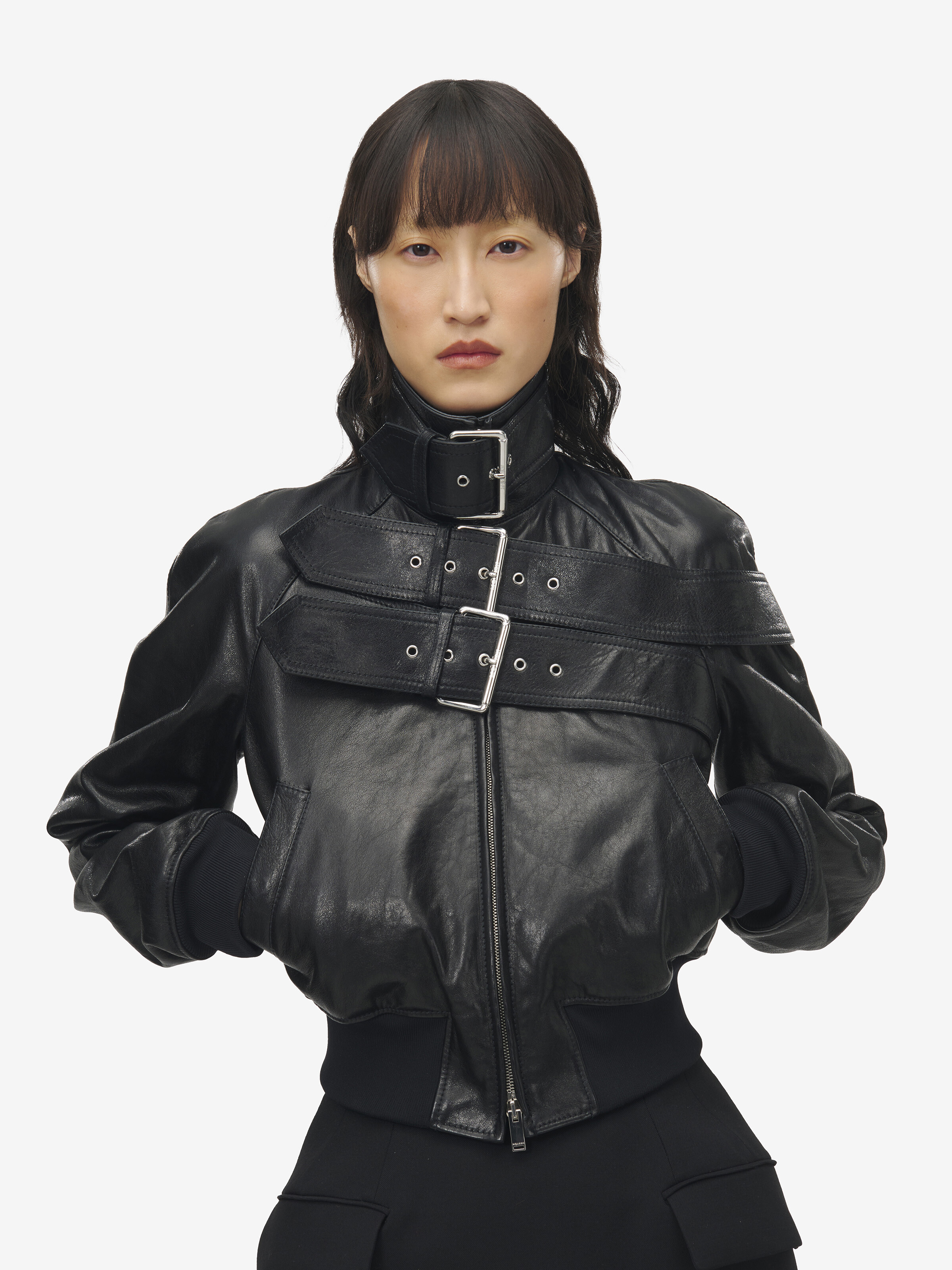Women's Belt Detail Leather Jacket in Black in Lamb Leather | Alexander McQueen - image 7