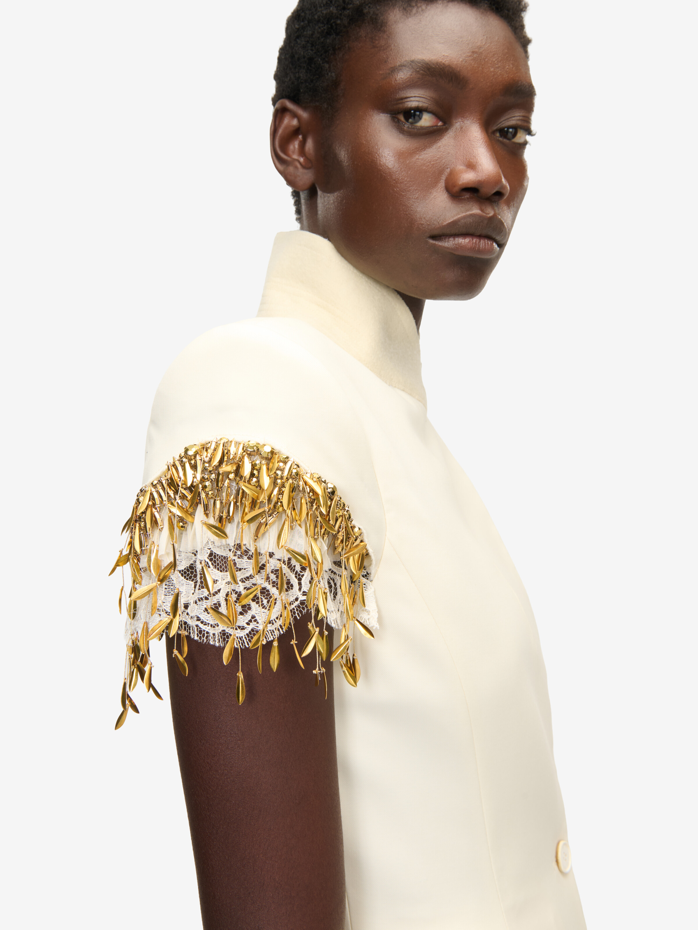 Women's Gold Leaves and Crystal Embroidery Short-Sleeved Jacket in Ivory in 100% Wool | Alexander McQueen - image 5