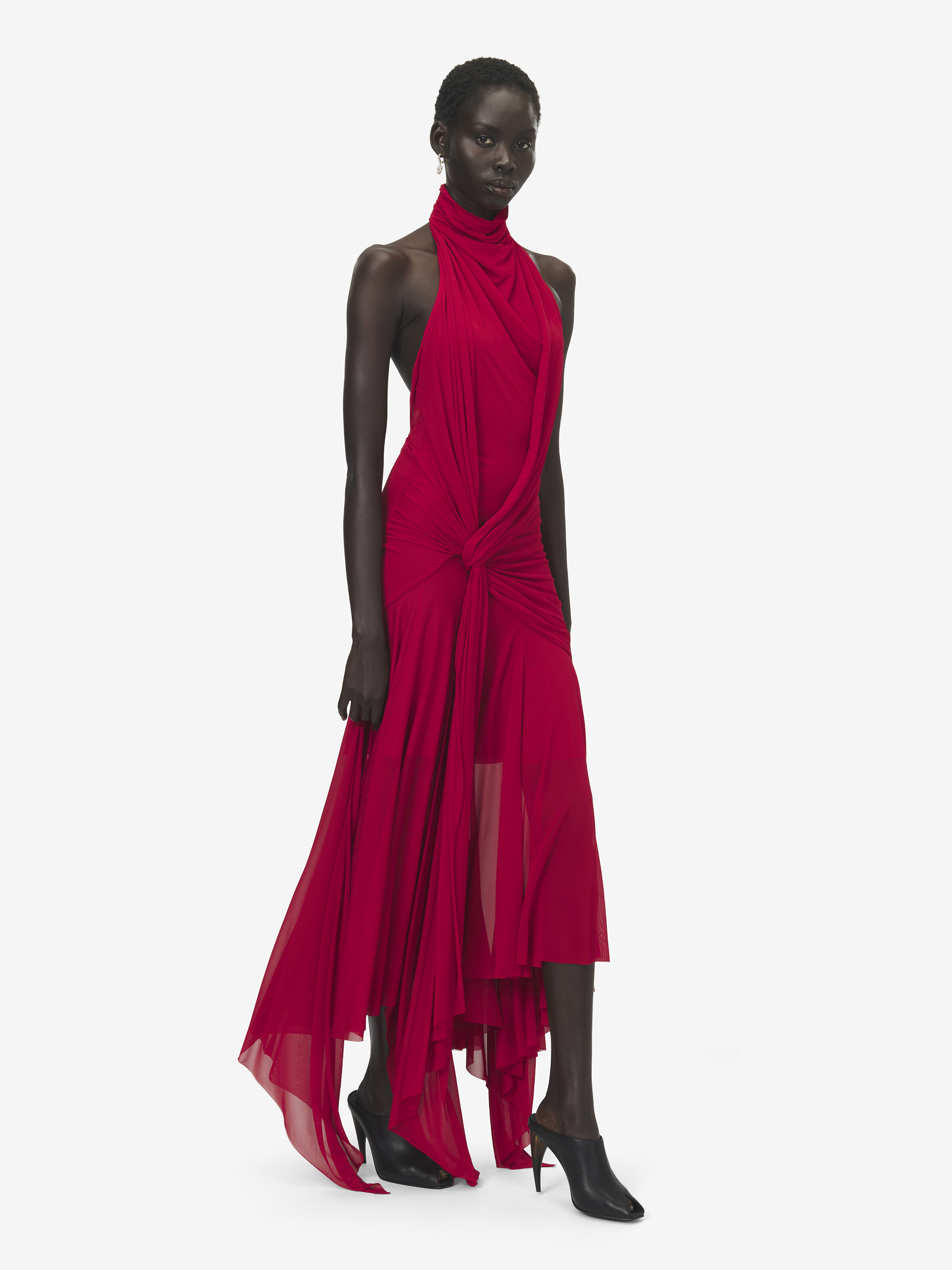 Women's Asymmetric Draped Dress in Red in Fabric: 100% Viscose, Lining: 75% Polyamide, 25% Elastane | Alexander McQueen - image 3