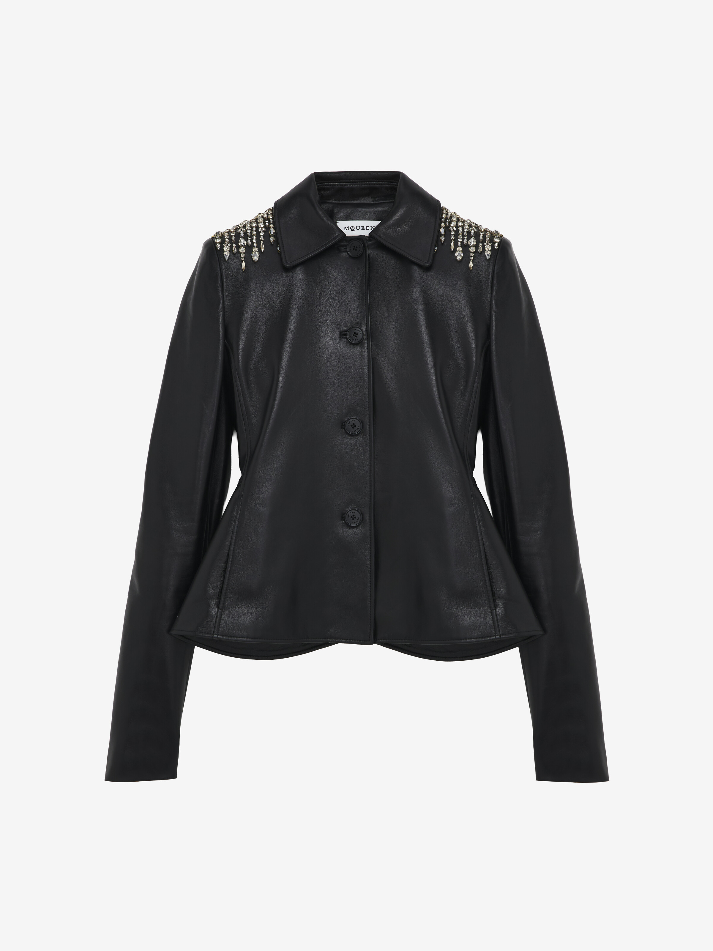 Women's Crystal Embroidery Leather Peplum Jacket in Black in Lamb Leather | Alexander McQueen - image 1
