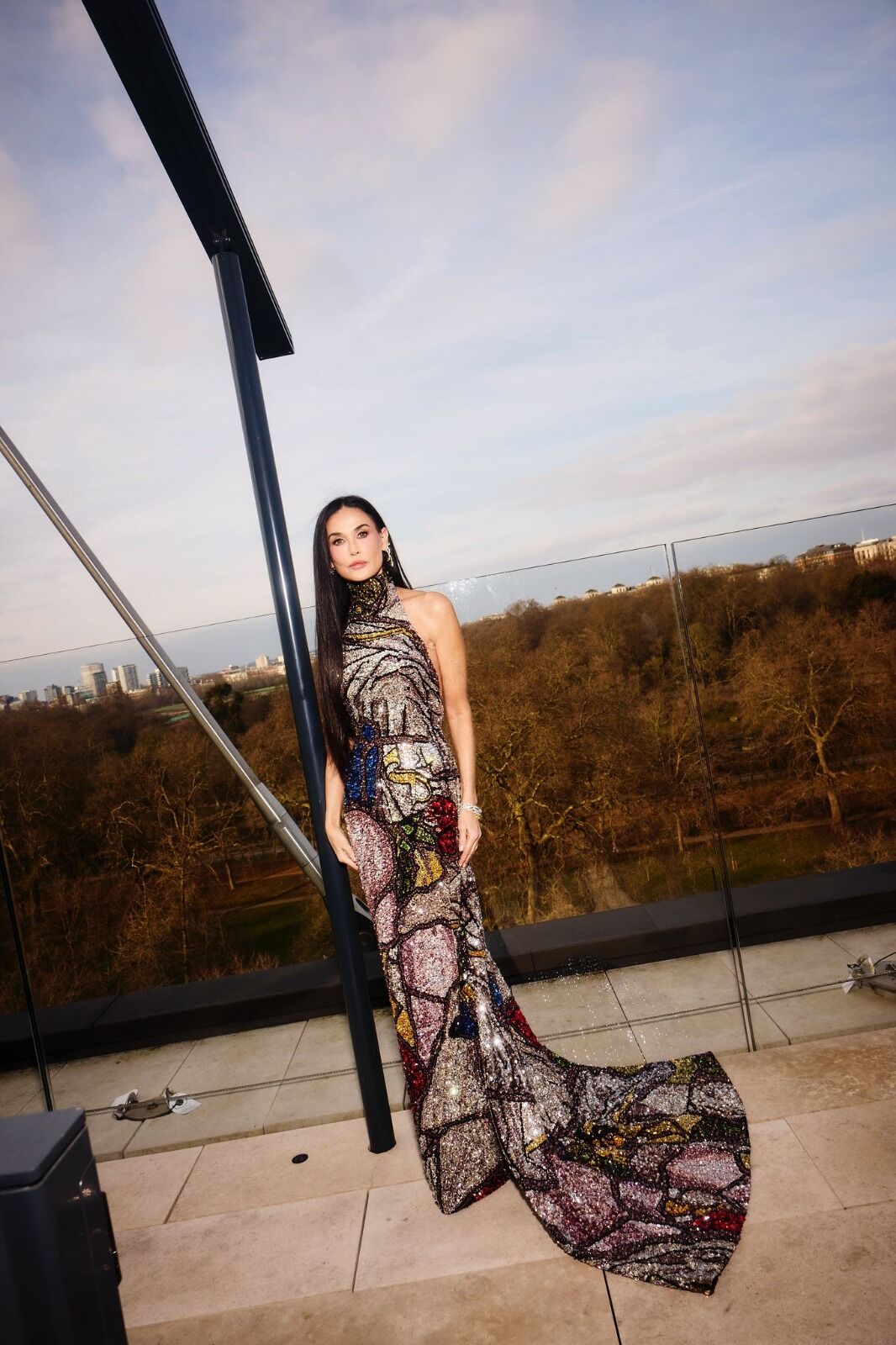 Demi Moore wearing McQueen embroidered dress by Sean McGirr for BAFTAs 2025, Sunday 16th February 2025. 