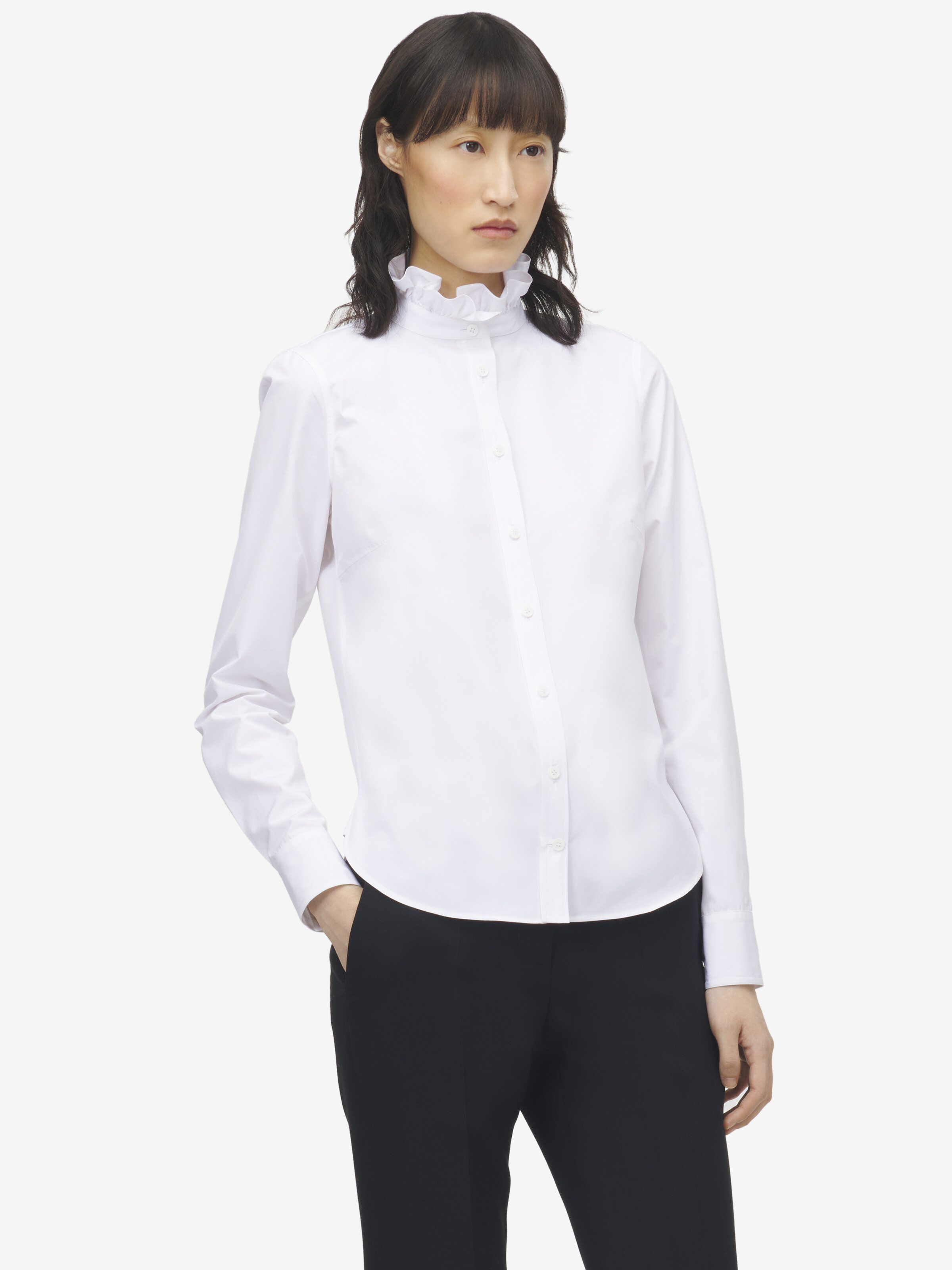 Women's Ruffle Neck Poplin Shirt in Optical White in 100% Cotton | Alexander McQueen - image 6